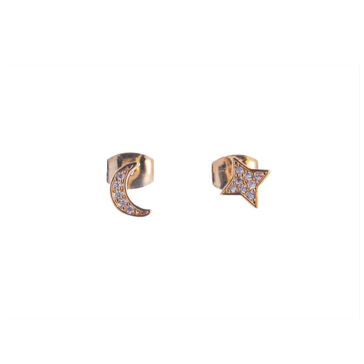 Pair of gold earrings shaped like a crescent moon and a star on a white background