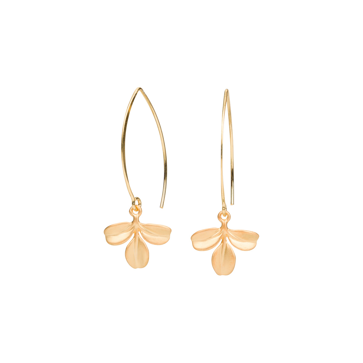 A pair of gold dangle earrings with a minimalist, organic arch wire design and a small, textured leaf-like drop charm, shown on a plain white background.