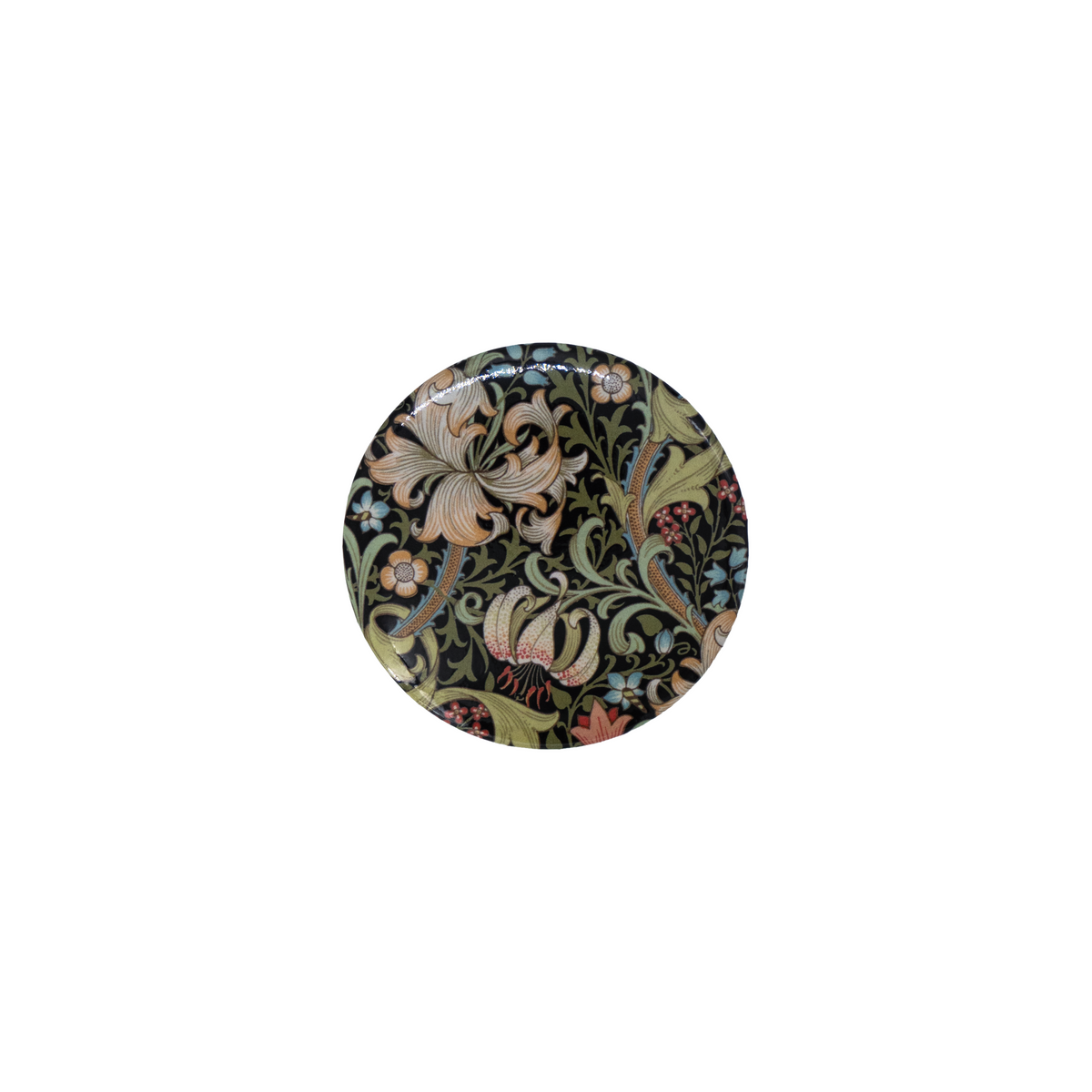 Decorative pocket-sized round hand mirror with floral patterns on a white background