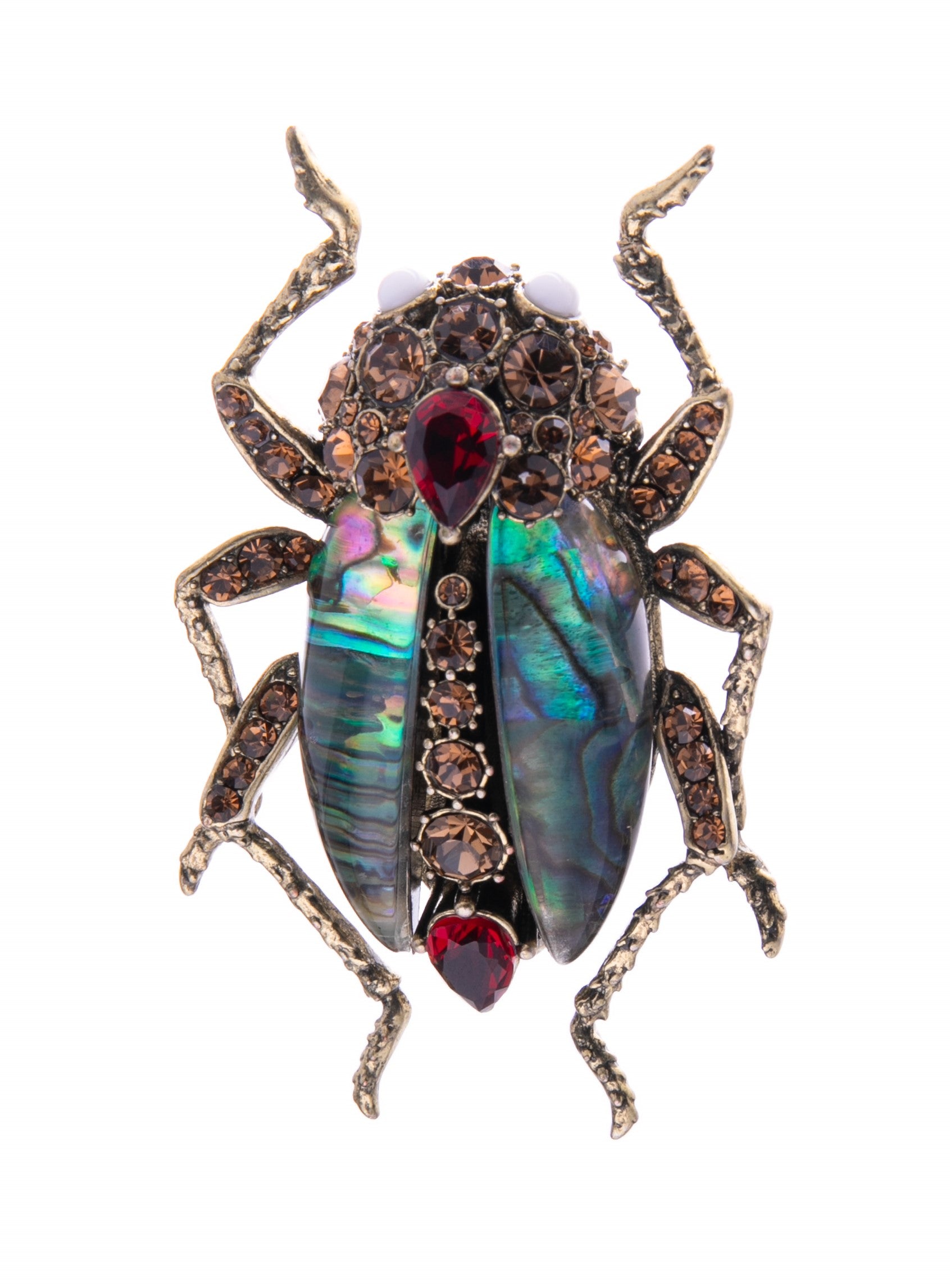 Add a finishing touch to your outfit with this bejeweled bug brooch.  This showstopper features bespoke resin stones and hand-set crystals meticulously crafted to form the body of this beautiful beetle. Materials: Brass with antique gold plating. Acrylic, resin, crystal Dimensions: 2.3" x 1.4". Pin fastening.