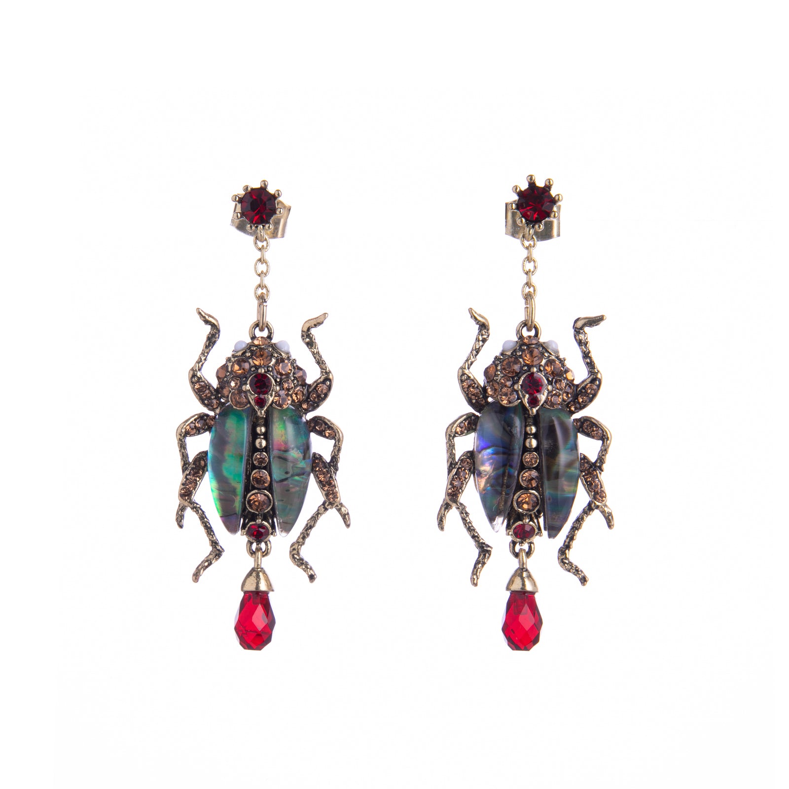Add a botanical touch to your outfit with these bejeweled bug earrings. Features resin stones and hand-set Swarovski crystals crafted to the body of this beetle. The antique gold finish makes these a true standout. Materials: Antiqued Gold-plated Brass, Swarovski Crystals, Agate Beads Dimensions: Approx. 1.5" x 0.6"