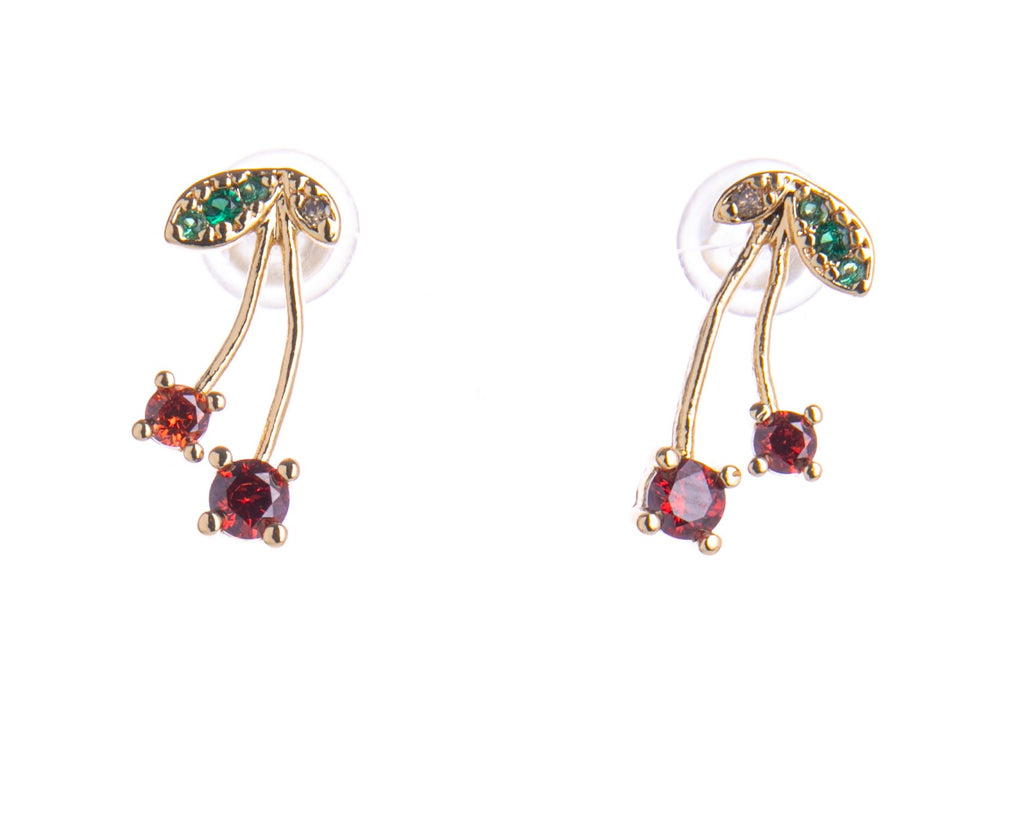 You'll find yourself cherishing these cherry stud earrings! These sparkly cherry studs are the perfect earrings to go with all of your summer outfits. Small enough for daily wear, these add sparkle to any look.  Materials: Gold-plated brass, colored cubic zirconia Lead and nickel-free Dimensions: Approx. 0.5" L