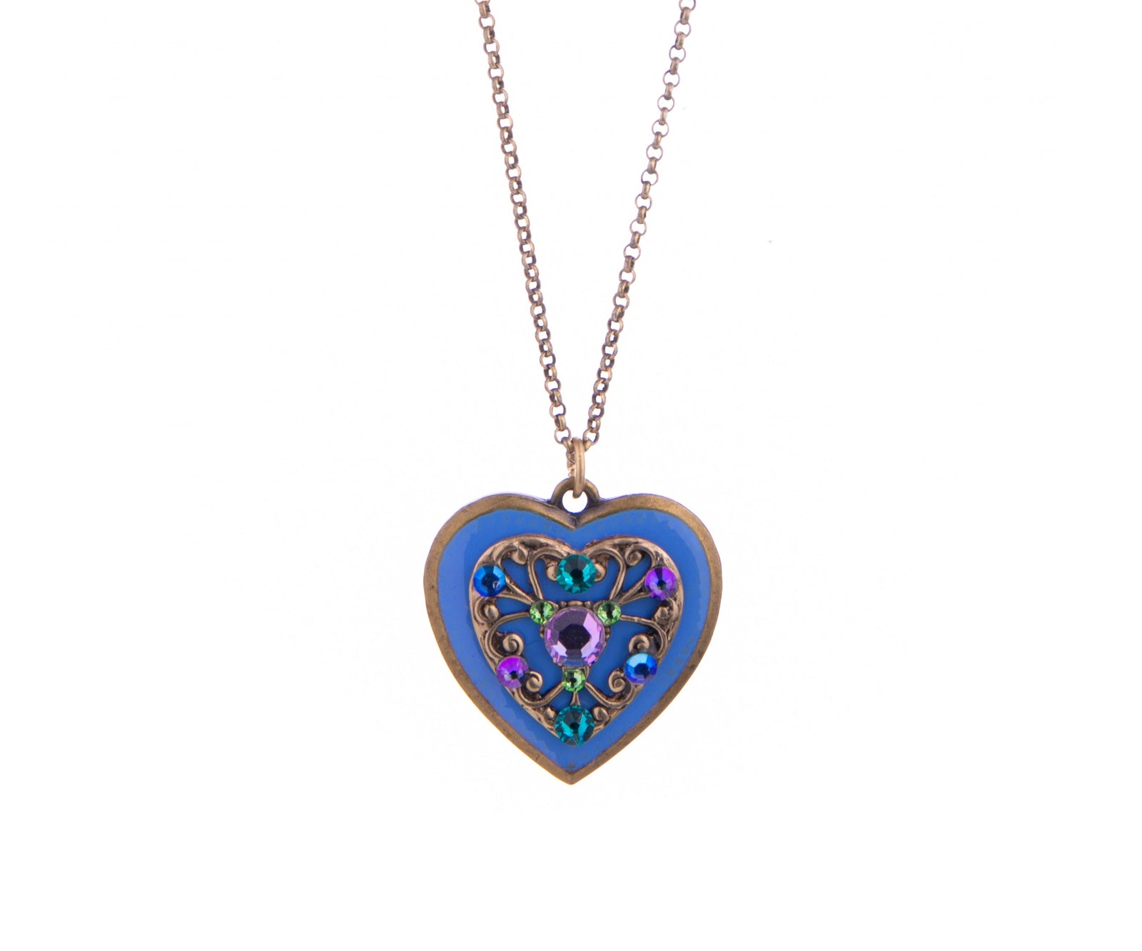 This Rococo-inspired heart enamel necklace makes us swoon. The periwinkle blue and crystals add sparkle that will add charm to any outfit. With a gold brass chain and enamel heart, this necklace would be perfect for Valentine's Day. Dimensions: Approx. 8.5" length Lobster claw clasp Material: Antiqued Brass, Enamel