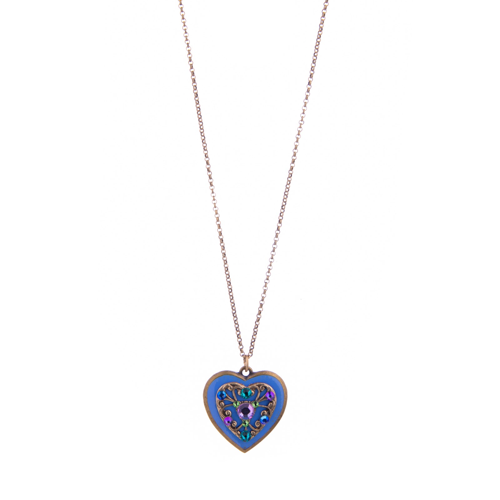 This Rococo-inspired heart enamel necklace makes us swoon. The periwinkle blue and crystals add sparkle that will add charm to any outfit. With a gold brass chain and enamel heart, this necklace would be perfect for Valentine's Day. Dimensions: Approx. 8.5" length Lobster claw clasp Material: Antiqued Brass, Enamel