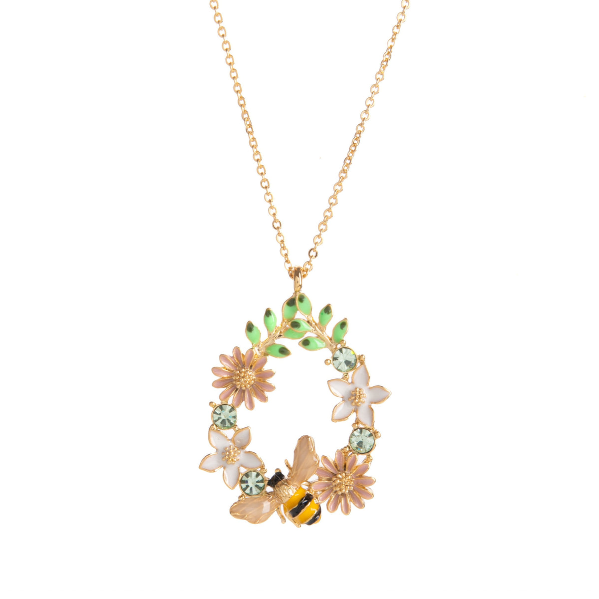 A gold-plated brass necklace with a floral and bee design pendant, featuring blue crystals and pastel-colored enamels, suspended from a chain.