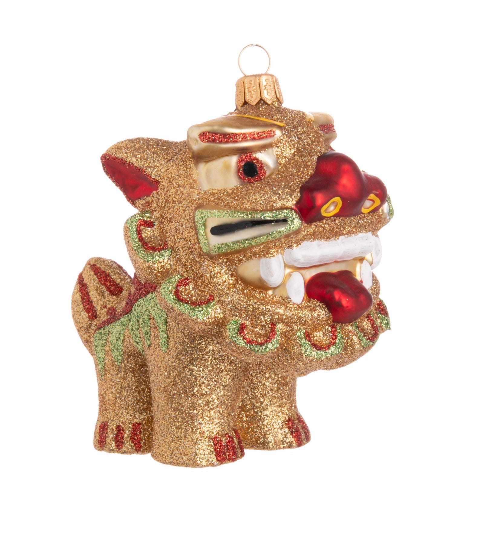 This super cute sparkling dragon is here to wish you Gong Xi Fa Cai! This hand finished, glittery glass dragon can be placed on a countertop, table or windowsill, or hung up as part of your New Year decor. Hand finished glass ornament. Dimensions: 4" x 2.5".