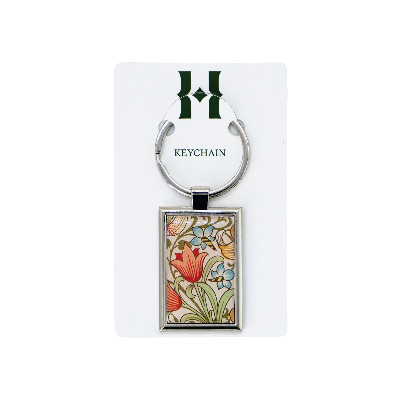 Keychain with Willliam Morris Golden Lily floral design on a white background