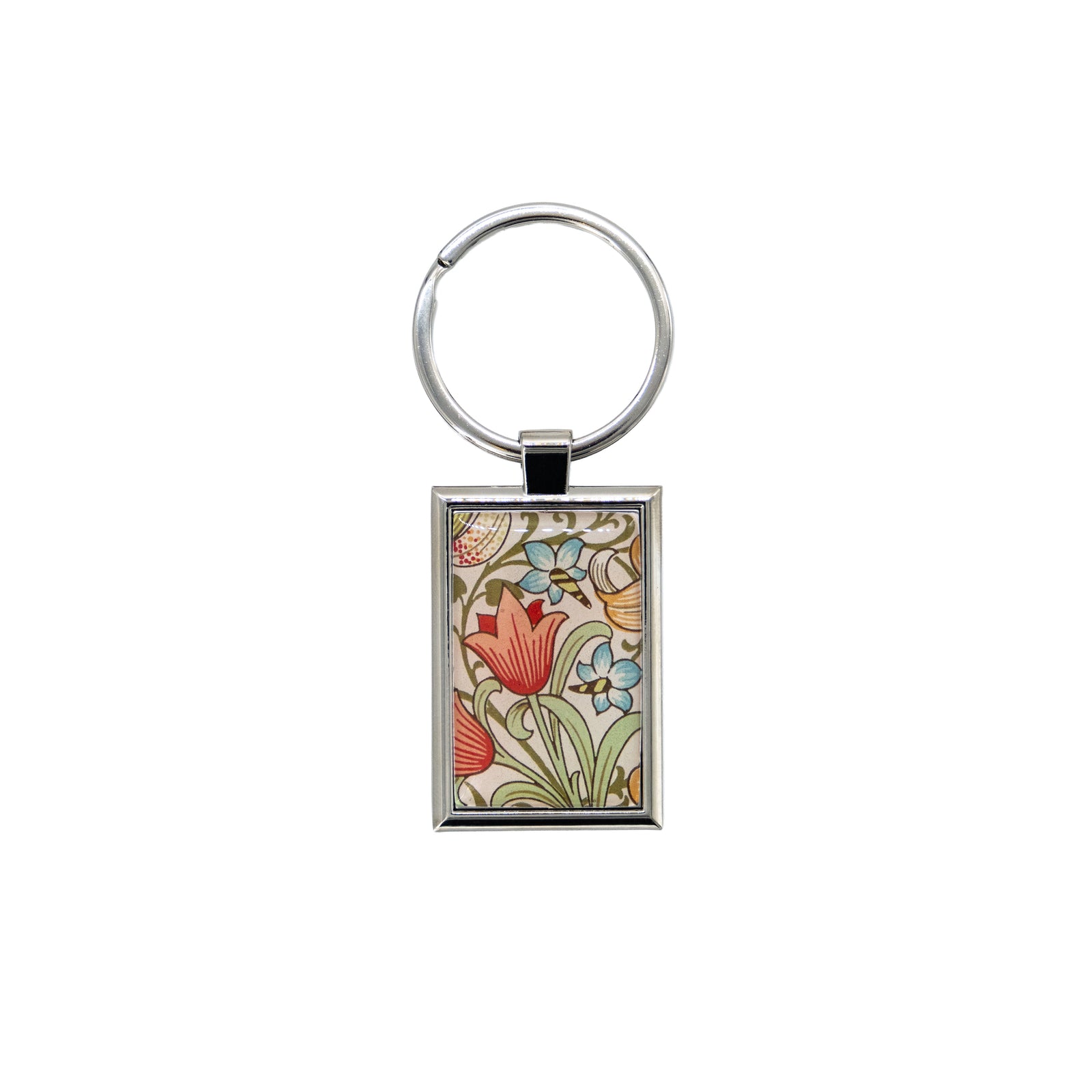 Keychain with Willliam Morris Golden Lily floral design on a white background
