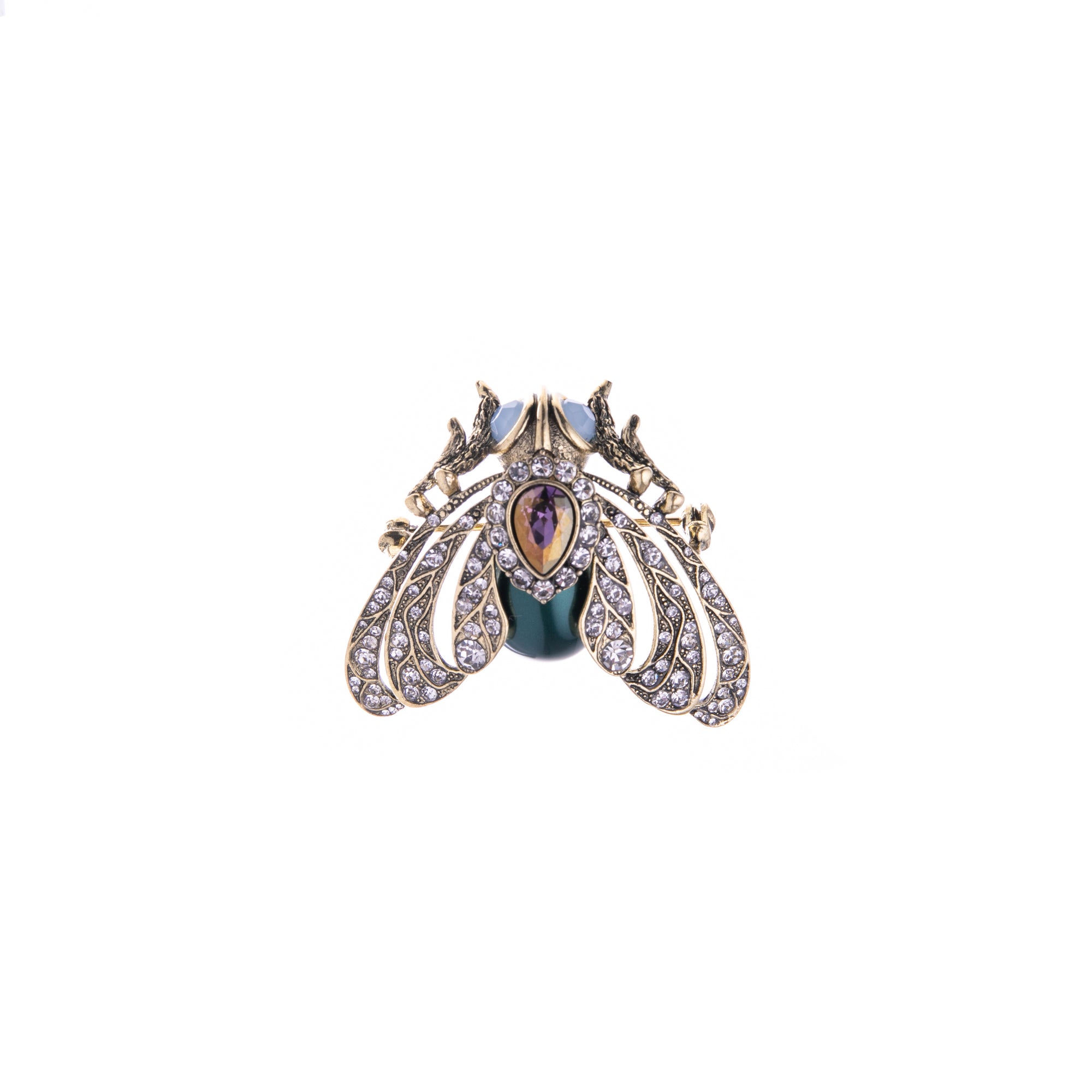 In some parts of the world, moths herald positive transformations. Celebrate the art of transformation with this sparkly Jewelled Moth Brooch. With an antique finish and crystal detail, this is great for showing off sparkle.  Material: 18 ct. Gold-plated Brass, Synthetic Pearl Dimensions: Approx. 1.6" x 1.6"