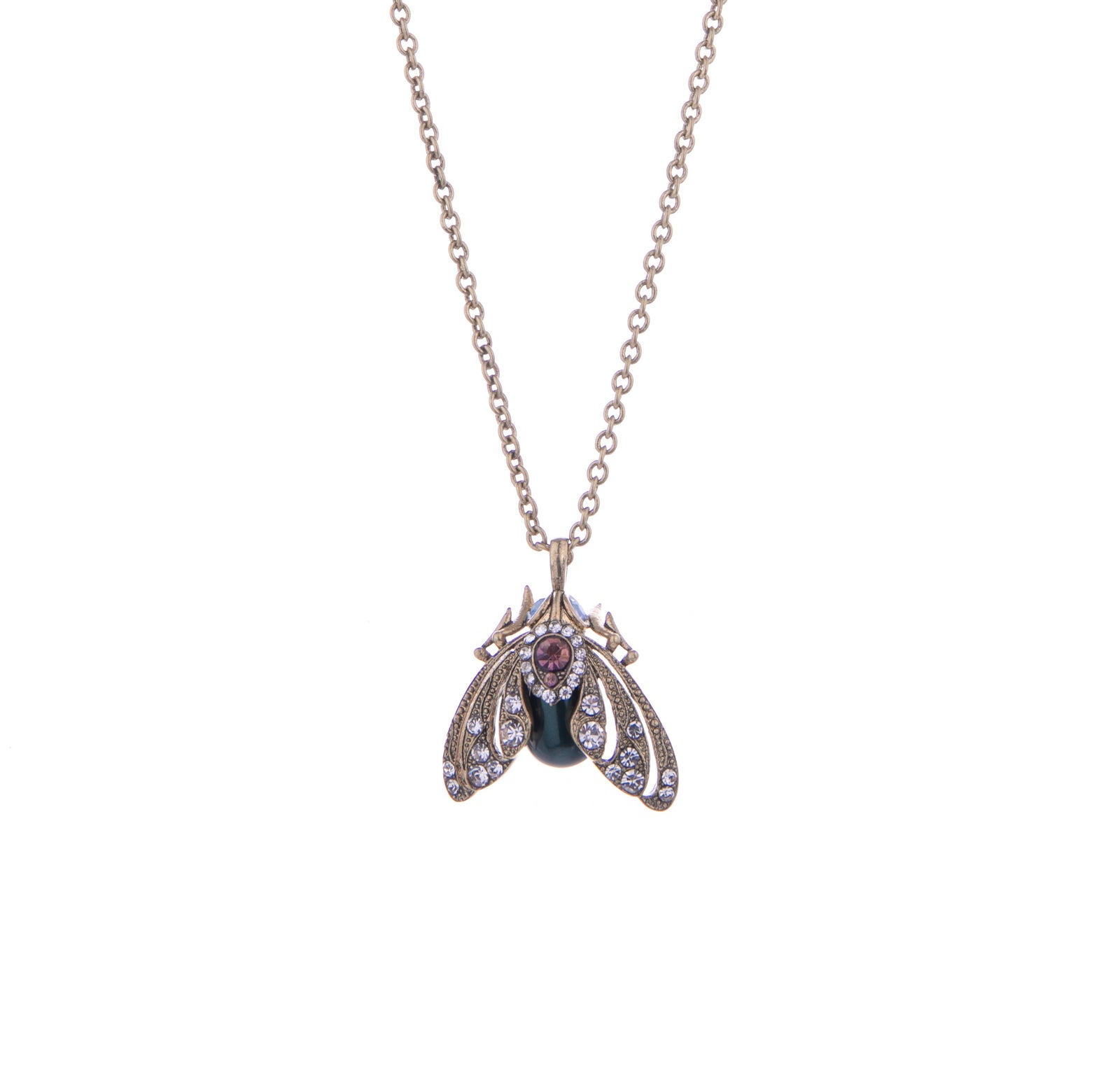 This significantly sparkly Jeweled Moth Pendant Necklace has an antique finish, crystal detail, and synthetic pearls. Great for showing off some major sparkle. Material: 18 ct. Gold-plated Brass, Synthetic Pearl Dimensions: Approx. 16" Chain Length with 2" Extender, Pendant - 0.7" x 0.7" Lobster claw clasp