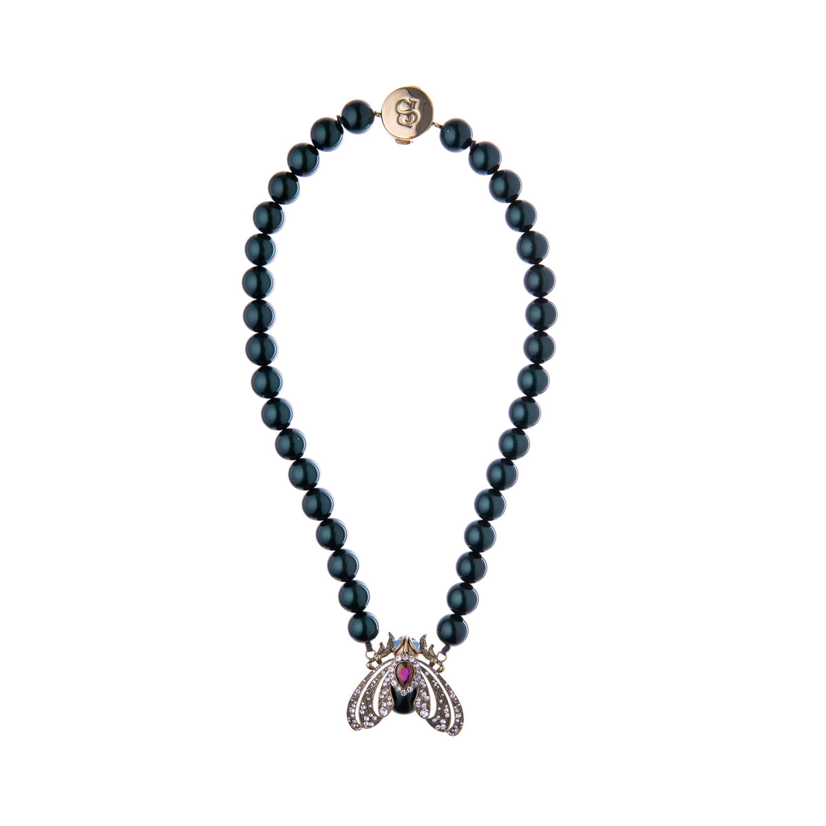 A gold-plated brass necklace with a detailed pendant depicting a moth, featuring crystal details and a simulated Tahitian pearl, on a beaded chain.