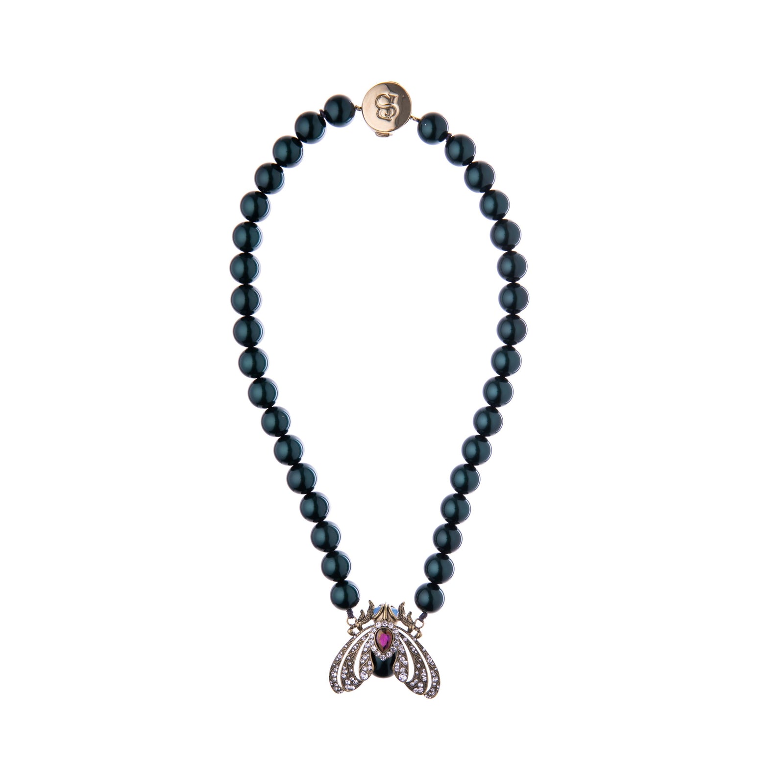 A gold-plated brass necklace with a detailed pendant depicting a moth, featuring crystal details and a simulated Tahitian pearl, on a beaded chain.