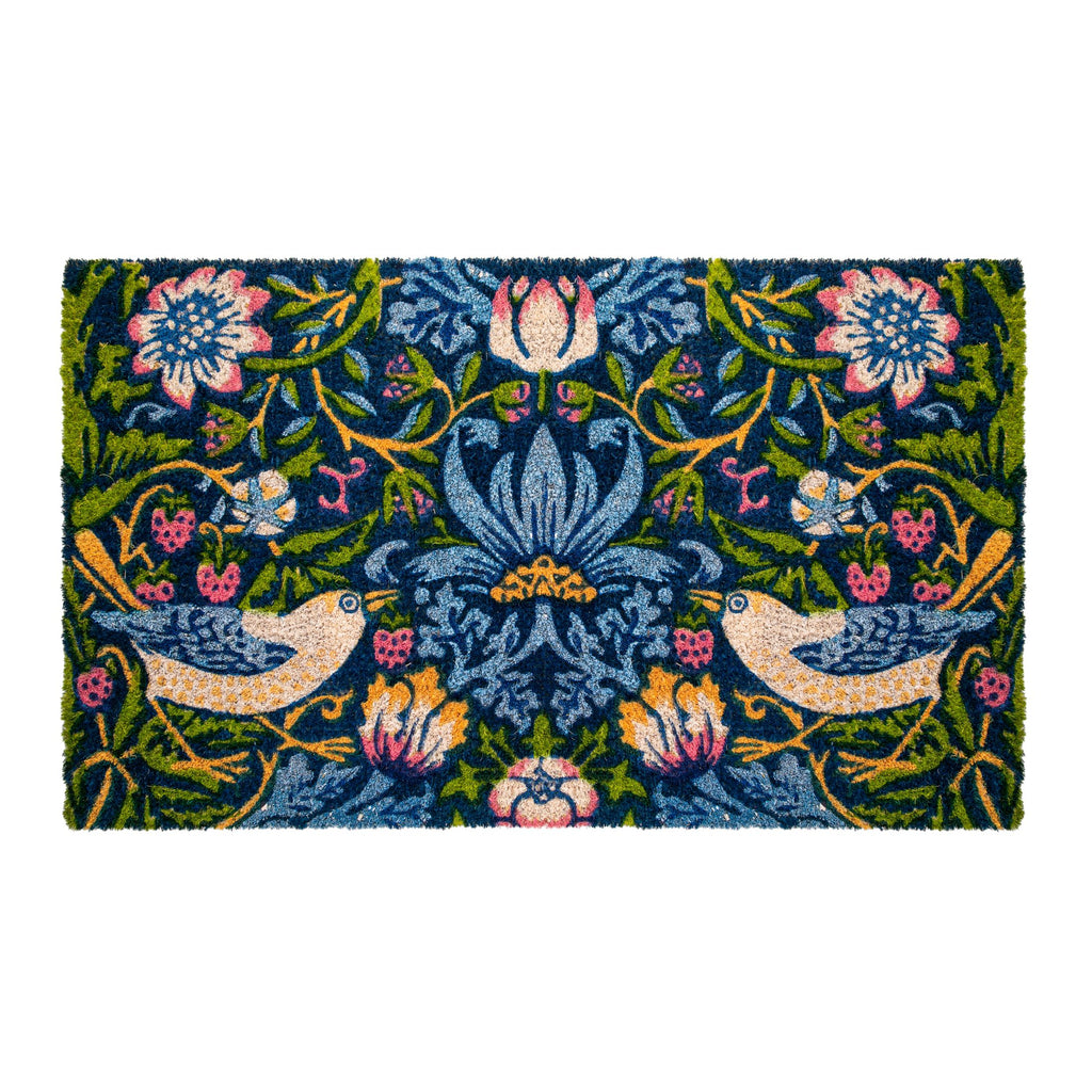 “Strawberry Thief,” is inspired by one of the most iconic works of the 19th century by champion of the Arts & Crafts Movement, William Morris, who based his design on the thrushes he saw stealing strawberries from the grounds of his Oxfordshire home. Natural coir with backing. Eco-friendly dyes. 18" x 30".