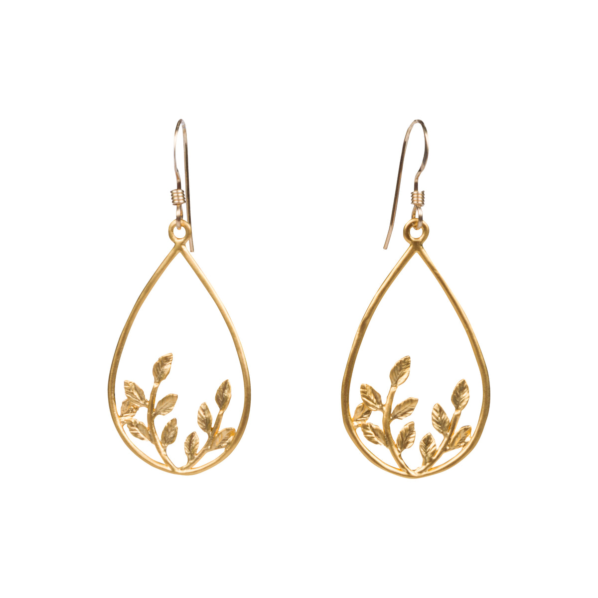 A pair of gold teardrop dangle earrings with a delicate leaf branch filigree design, shown against a plain white background.