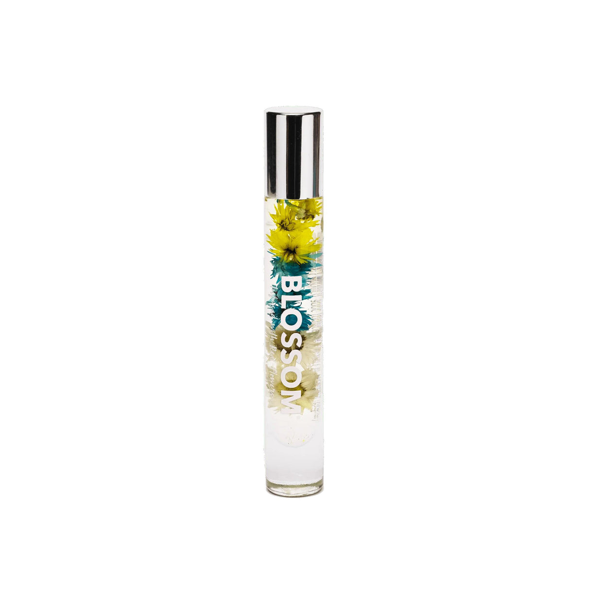 Perfume bottle labeled 'Blossom' - 'Vanilla Orchid' with flowers on a white background