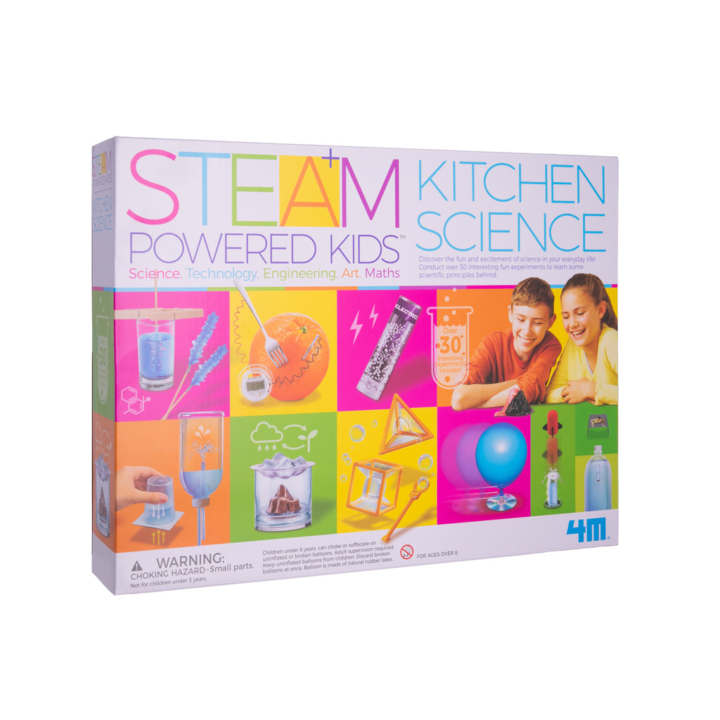 Become a scientist and conduct experiments in your own home with this STEAM Kitchen Science Kit! You can conduct experiments that utilize items from all over the house. With projects like a volcano eruption, a fruit battery clock, and space water. Recommended age: 8+ Dimensions of box: Approx. 15" W x 11.5" H x 3.5"