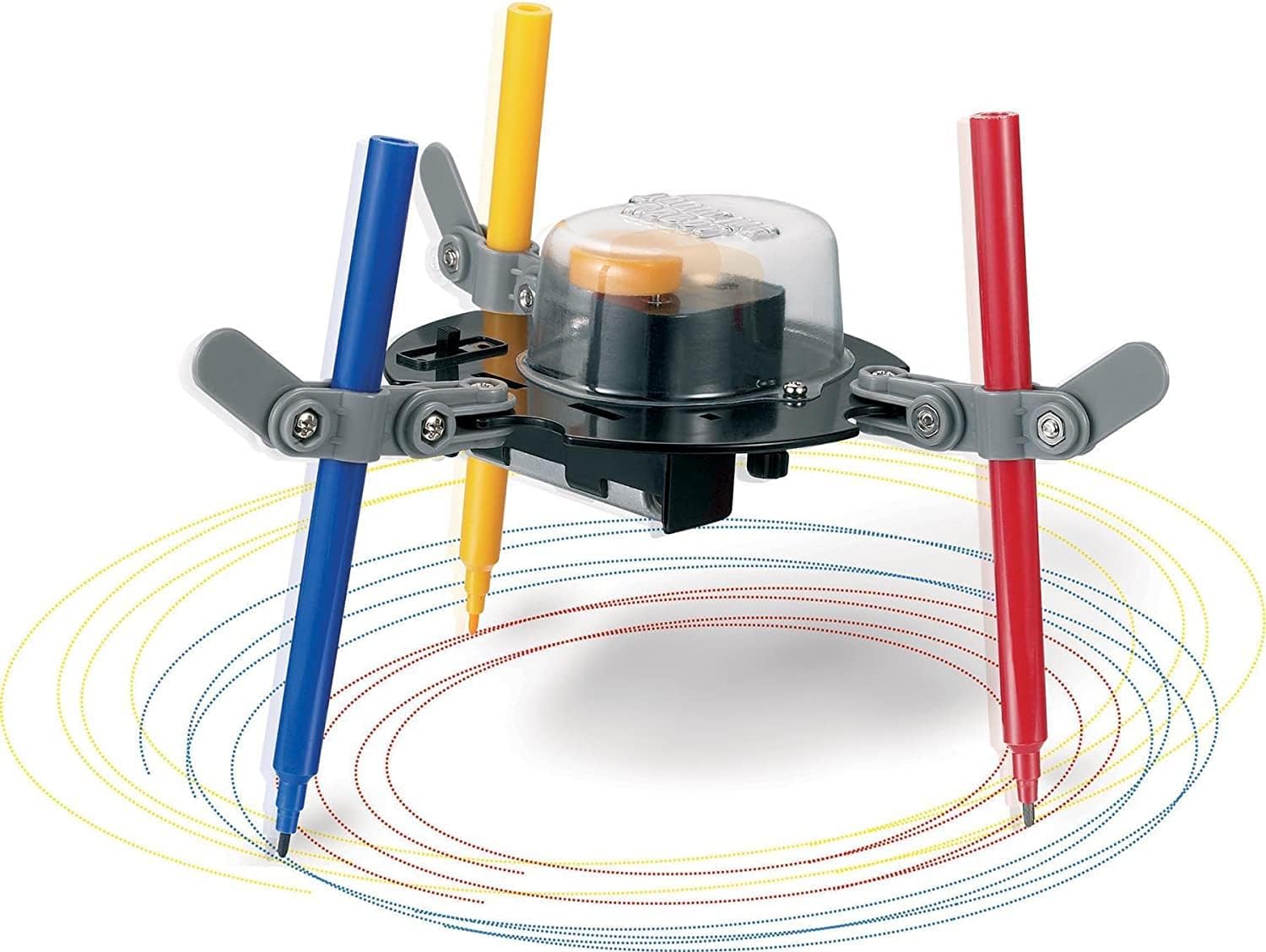 The robot has a motor that enables it to shake and spin to create unique patterns on paper.  With a STEM-approved label, this is a great educational tool for kids to learn science and robotics. Colored pens included, see what cool and interesting patterns your kid can discover! Dimensions: 6" x 6" x 6" 