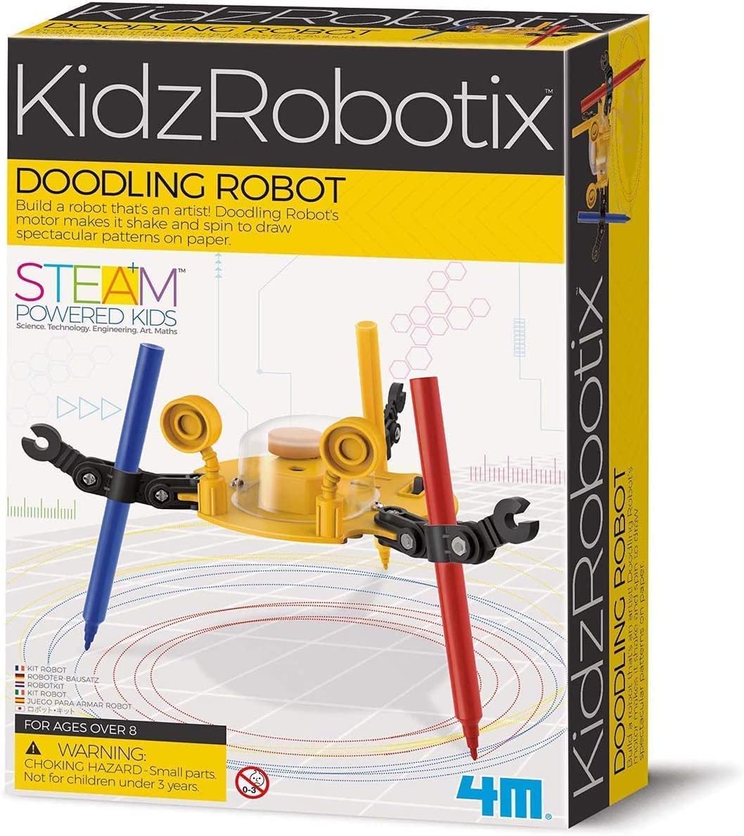 The robot has a motor that enables it to shake and spin to create unique patterns on paper.  With a STEM-approved label, this is a great educational tool for kids to learn science and robotics. Colored pens included, see what cool and interesting patterns your kid can discover! Dimensions: 6" x 6" x 6" 