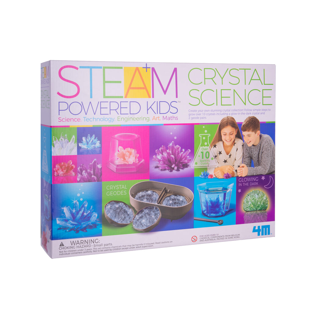 Grow your own crystals with this STEAM Crystal Science Kit! With this kit, grow crystals including one that glows in the dark and 2 pairs of geodes. In multiple colors and sizes, you have a wide variety to grow and become completely enamored with. Recommended age: 10+ Dimensions of box: Approx. 15" W x 11.5" H x 3.5"