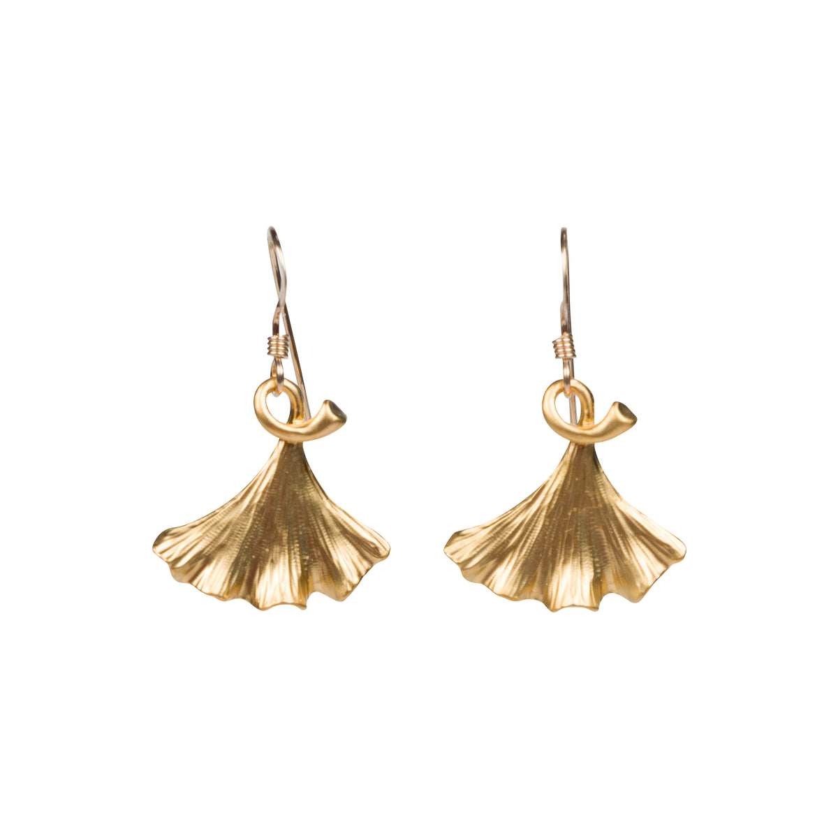 A pair of gold-tone dangle earrings with a textured, fan-shaped leaf design and a small curved accent at the top, shown on a plain white background.