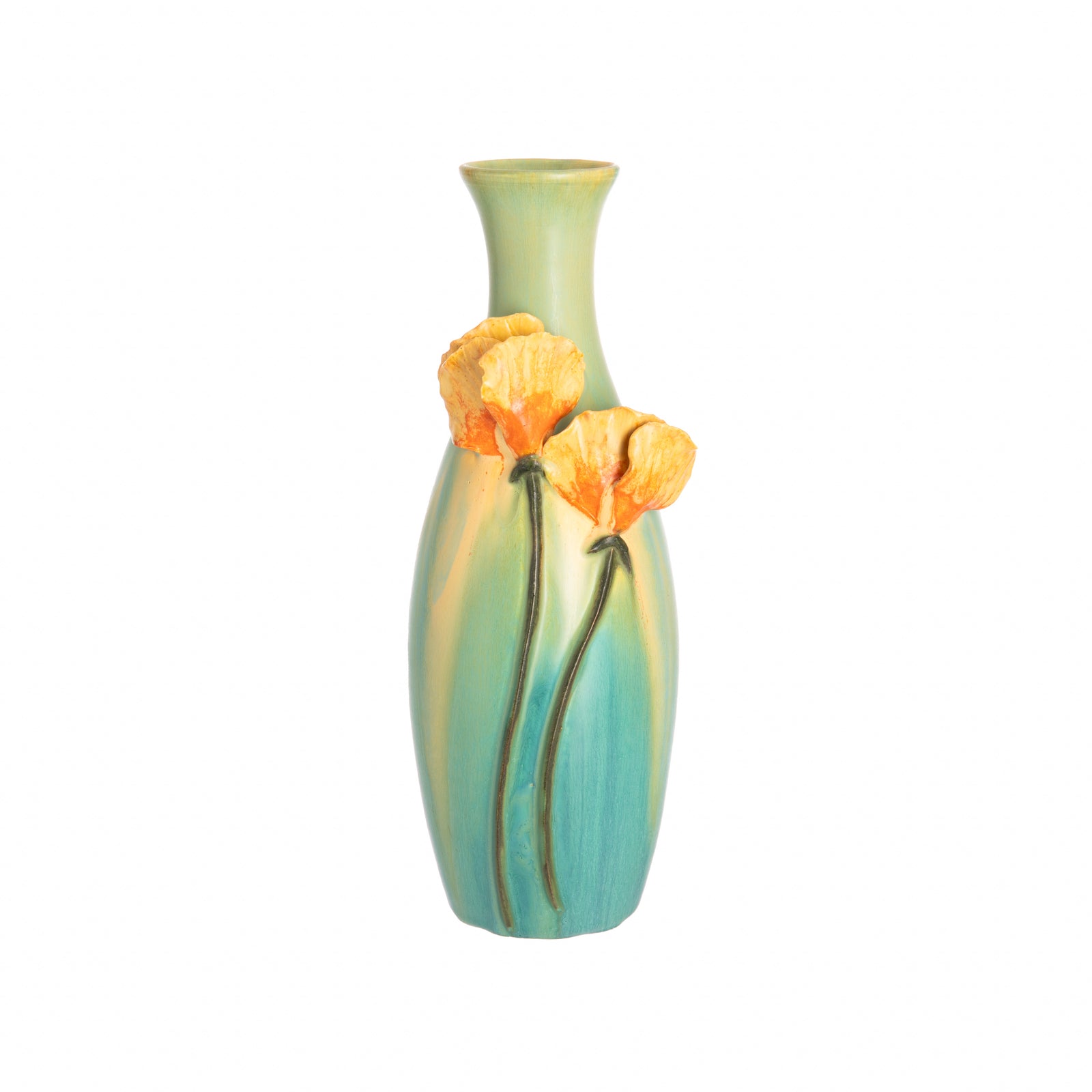 A ceramic vase with a slender neck and bulbous base, featuring high relief orange California poppies against an aquamarine glazed background.