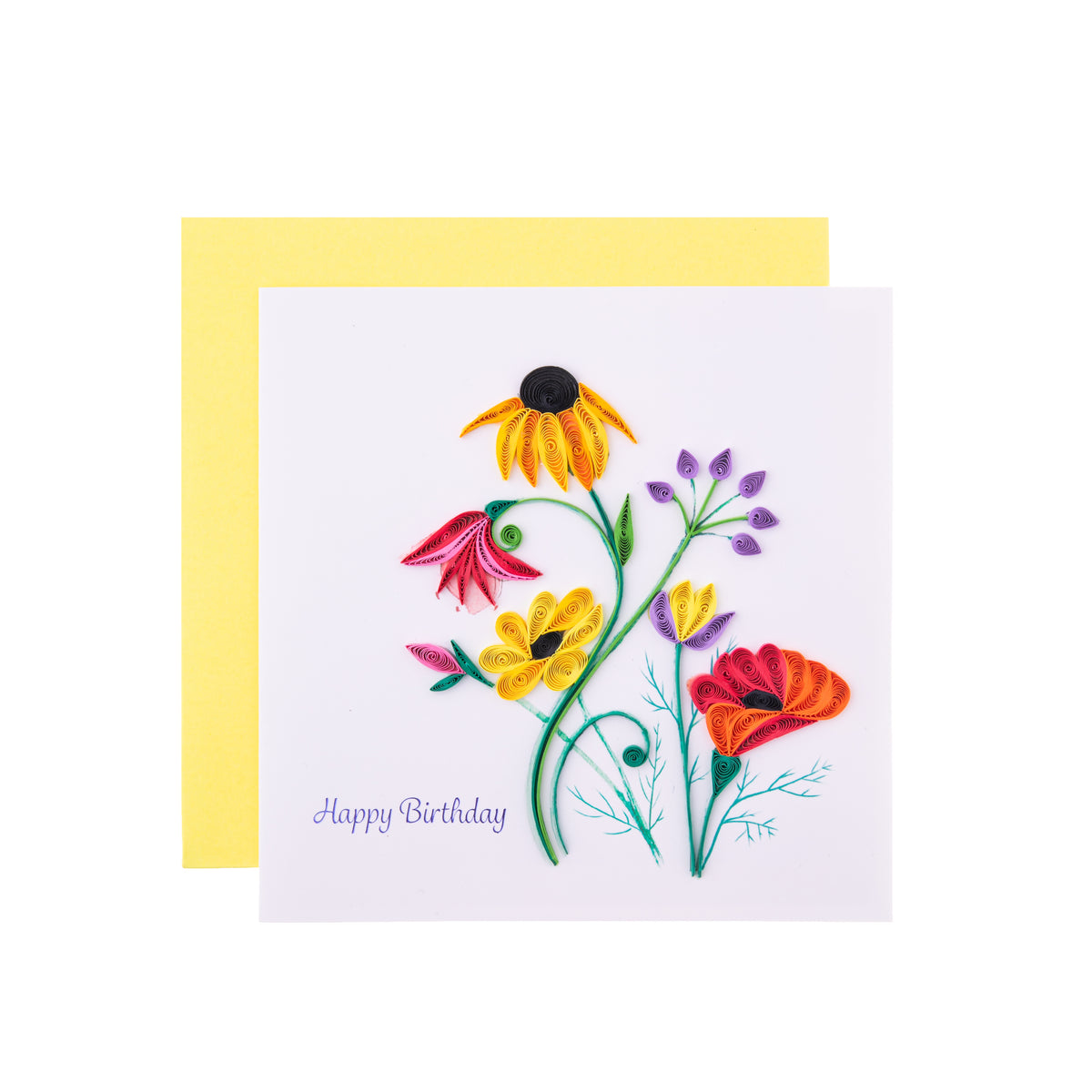 Say &#39;Happy Birthday&#39; with some colorful flowers. This group of wildflowers is a birthday card that is sure to brighten someone&#39;s special day. Each quilled card is handmade by a skilled artisan. Outside Copy: Happy Birthday Inside Copy: Blank plus additional blank insert for your own message Size: 6 in. x 6 in. 