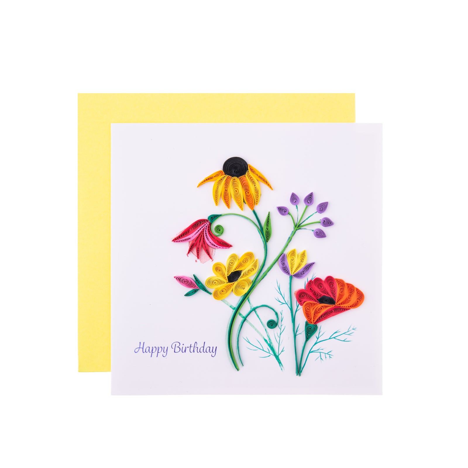Say 'Happy Birthday' with some colorful flowers. This group of wildflowers is a birthday card that is sure to brighten someone's special day. Each quilled card is handmade by a skilled artisan. Outside Copy: Happy Birthday Inside Copy: Blank plus additional blank insert for your own message Size: 6 in. x 6 in. 