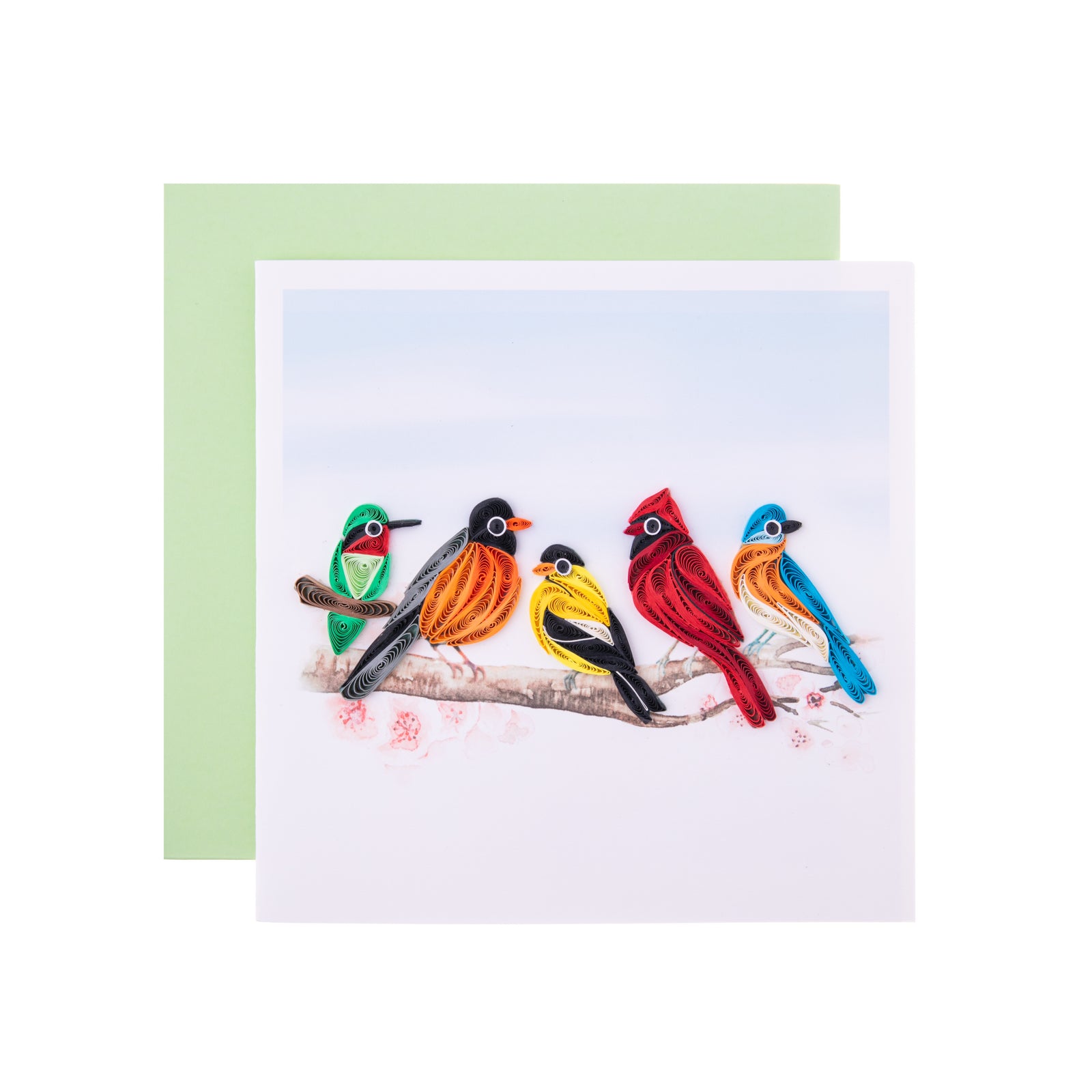 These songbirds perched on a branch are ready to send a message with this quilled greeting card. Each quilled card is handmade by a skilled artisan. Outside Copy: Blank Inside Copy: Blank plus additional blank insert for your own message Size: 6 in. x 6 in. Envelope Color: Light Green 