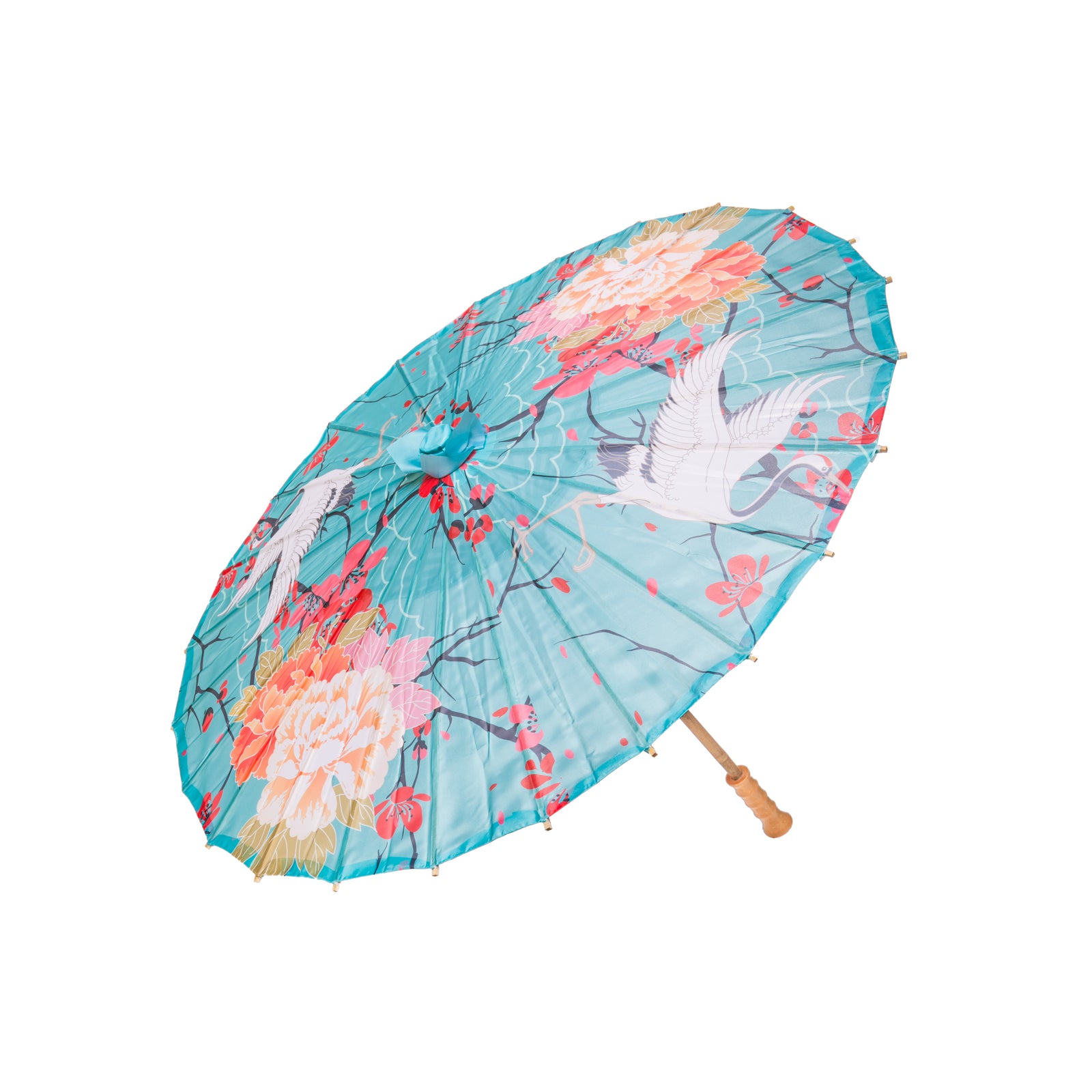 This pretty parasol features a soaring crane and colorful cherry blossoms. Perfect for keeping the sun's rays at bay, and also offers a beautiful and fun way to dress up a special event or prom outfit. Built from silk nylon, this parasol can also be hung upside-down as a decoration piece. Length when closed: 25.5".