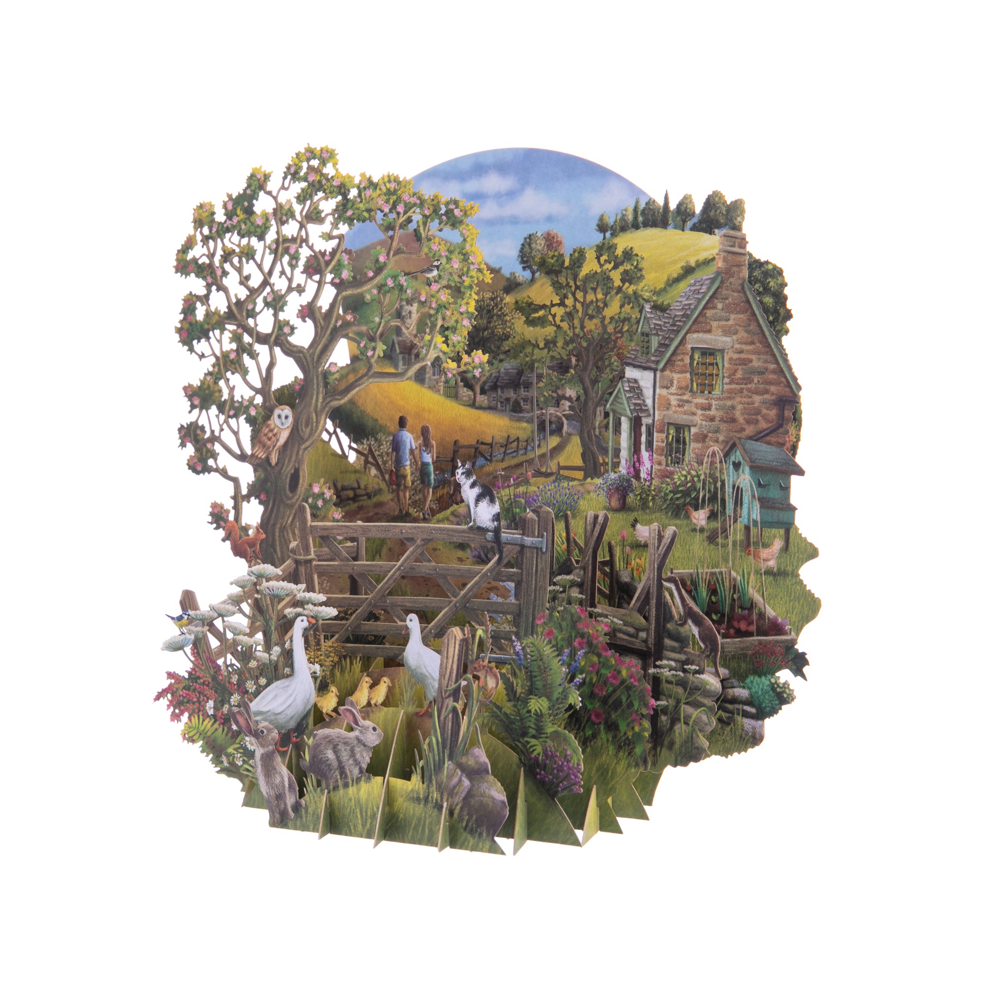 This laser-cut 3D notecard features an image of the countryside, with critters like rabbits, ducks, owls, and cats. The 3D effect makes it so the card can sit on a tabletop for display, and is blank for your own message. Can easily be folded flat for mailing. Dimensions: 6.5" x 6.5" Blank message tag Ivory envelope