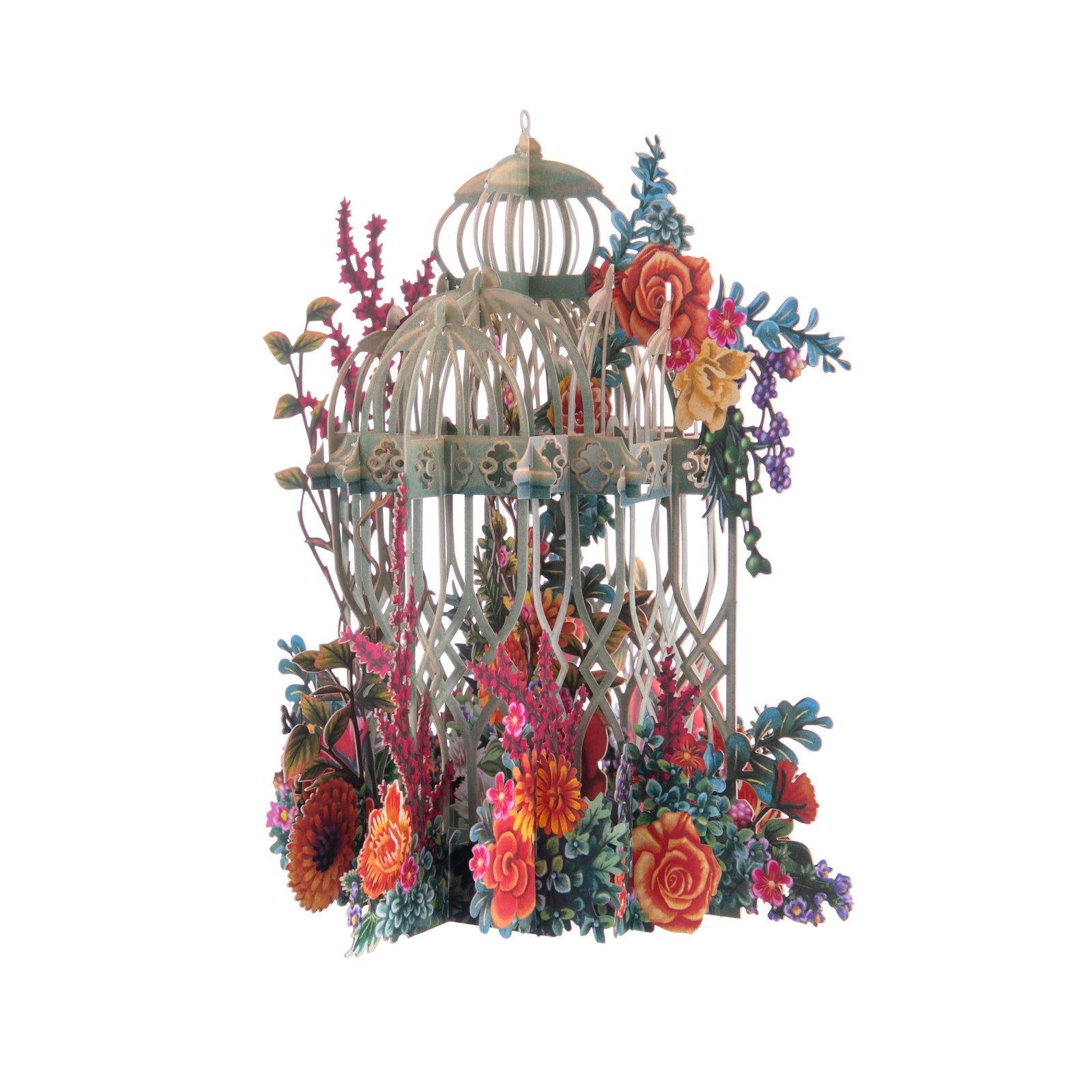 This laser-cut 3D notecard features a Victorian-style green cage overgrown with red and orange and pink flowers as well as green foliage.  The card can sit on a tabletop for display, and is blank for your personal message.  Dimensions: 6.5" x 6.5" Blank message tag Ivory envelope No assembly required