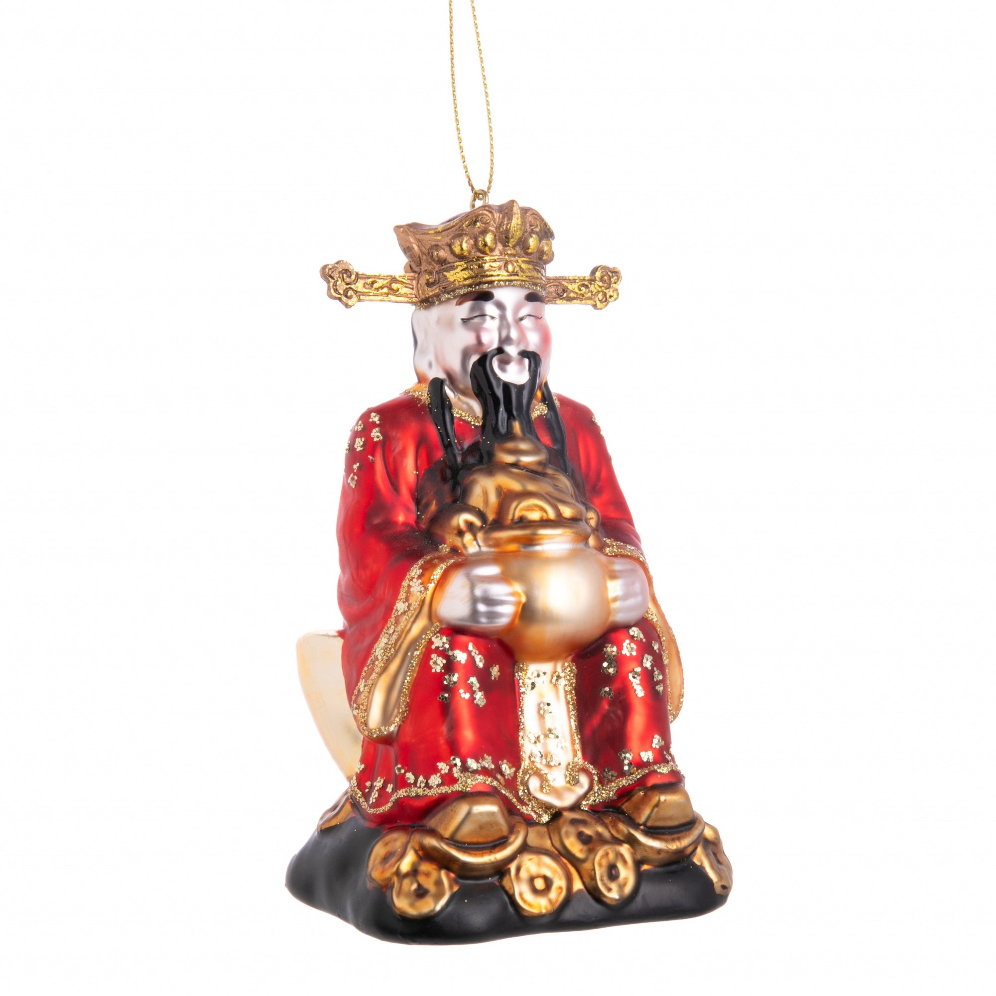 Decorative figure of a Chinese Emperor in red and gold attire on a white background