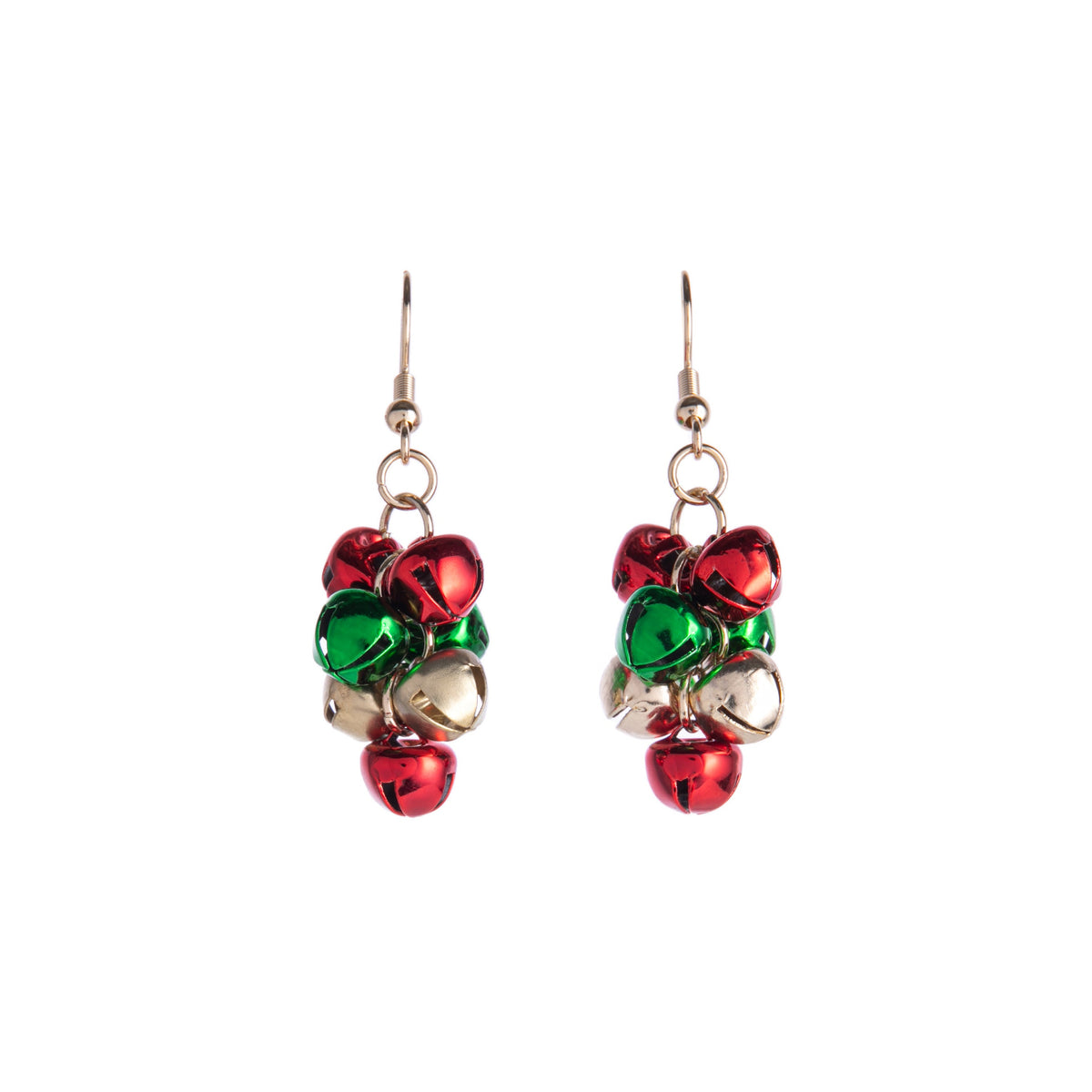 Pair of jingle bell earrings on a white background