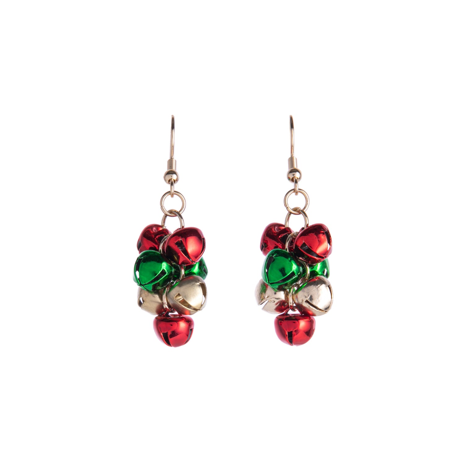 Pair of jingle bell earrings on a white background
