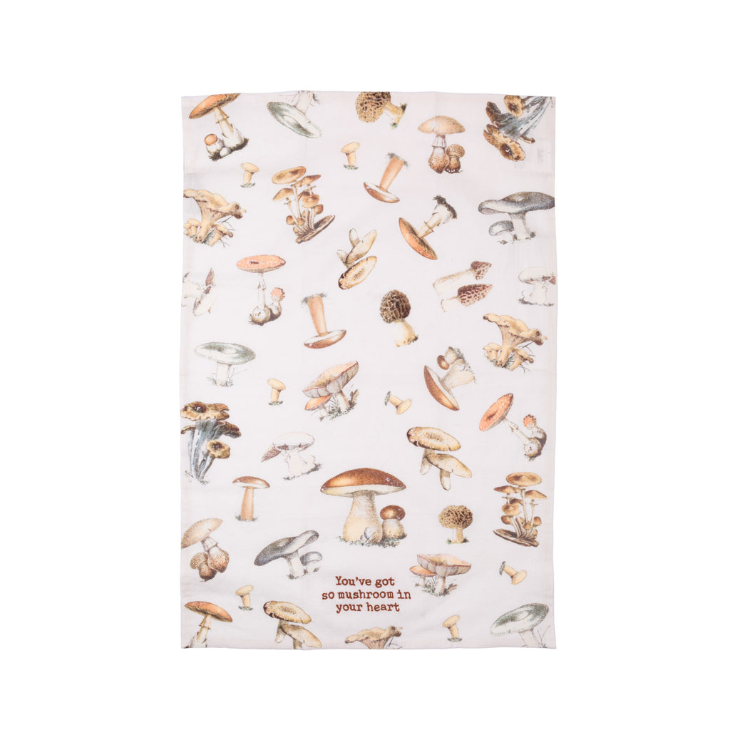 With so mushroom in your heart, you are going to adore this tea towel featuring mushrooms galore. Any fan of puns and this beloved fungi is sure to love this vintage-inspired tea towel. Features a cotton tape loop in the corner for easy hanging Machine-washable Materials: 70% cotton, 30% linen Dimensions: 18" x  28"