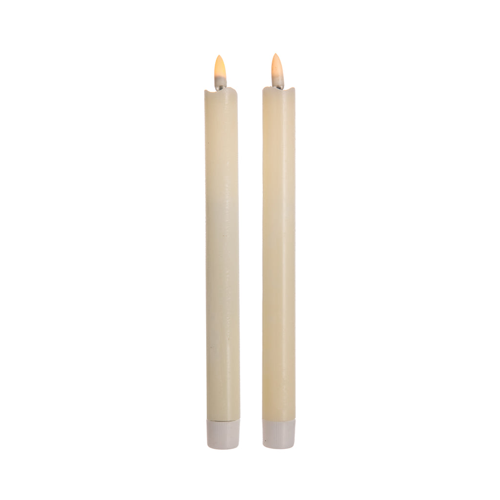 Capture the essence of a real flame with this set of two 10" taper LED candles. Coated in smooth wax, these ivory candles are perfect for setting the ambiance without the mess of a melting candle.