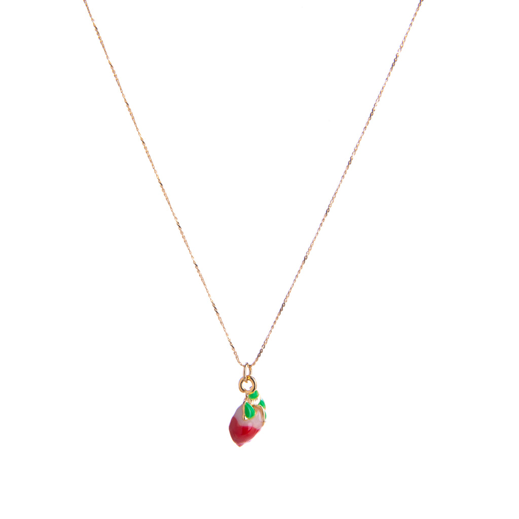 This sweet strawberry pendant necklace is a charming piece to add to your jewelry collection. This necklace features a strawberry pendant with a red enamel body and green enamel detailing at the top. 14K gold-plated brass and enamel Chain length: adjustable 16" to 18" Strawberry charm dimensions: 0.25" x 0.2"