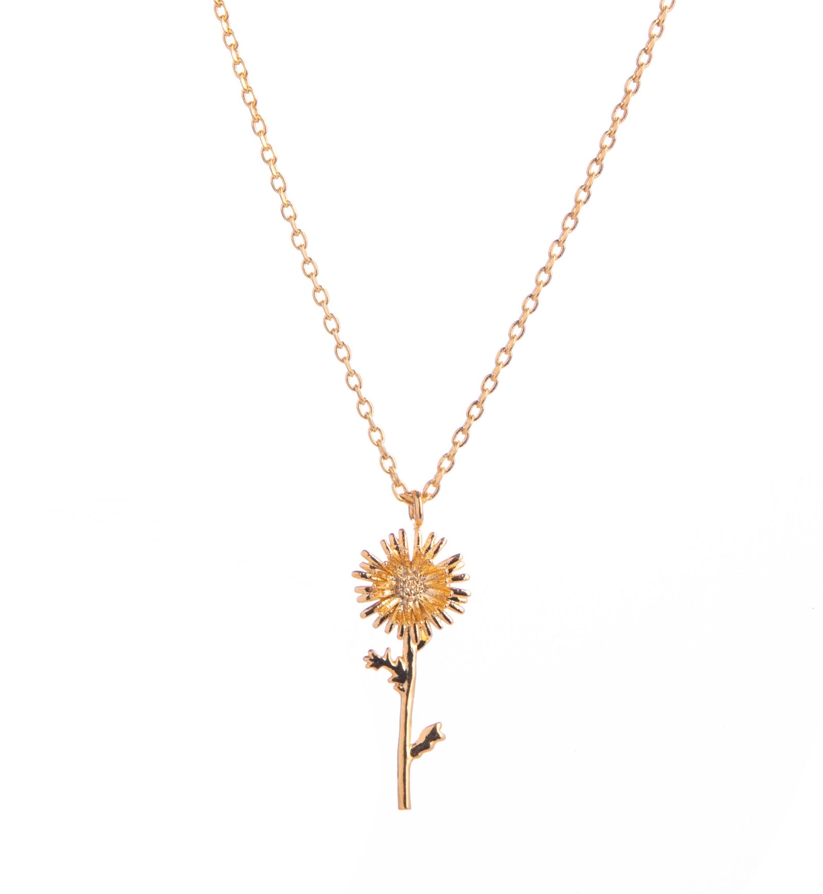 This stunning gold necklace features a pretty Aster in full bloom. With a delicate chain and shiny flower, this necklace is perfect for a pop of gold and will look great with a basic tee or with other gold jewelry. Dimensions: Pendant - Approx. 0.8", Chain length can be 16" or 18" Material: 14-ct Gold-plated Brass