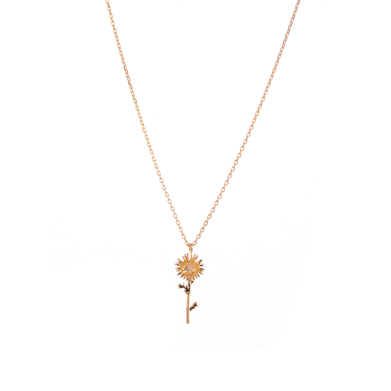 This stunning gold necklace features a pretty Aster in full bloom. With a delicate chain and shiny flower, this necklace is perfect for a pop of gold and will look great with a basic tee or with other gold jewelry. Dimensions: Pendant - Approx. 0.8", Chain length can be 16" or 18" Material: 14-ct Gold-plated Brass