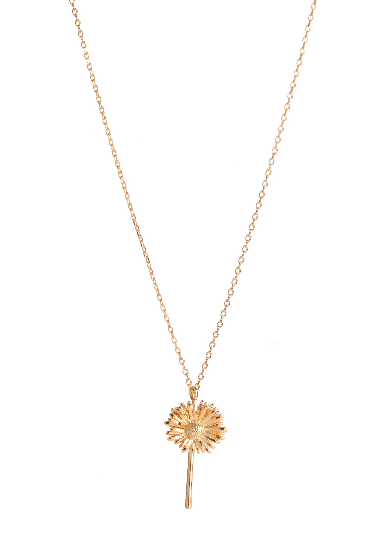 A pretty piece of jewelry with a golden glow, this sweet necklace features a petal-perfect daisy. This necklace will bring smiles to the wearer's face whenever they secure it around their neck. Material: 14ct gold plated brass Dimensions: Chain length: can be worn at 16" or 18". Daisy pendant: 0.75" x 0.4".