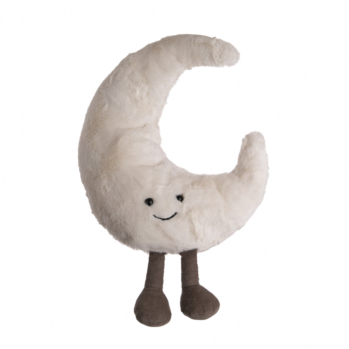 Gorgeously textured with velvety craters, Amuseable Moon is full of fun! A midnight matey for bedtime hugs, this pearly-white pal is curvy and cuddly. With squidgy cord booties, a weighted bottom and a peaceful smile, this moon's waxing poetic! A magical crescent and a marvelous present. 10" x 8" Suitable from birth. 
