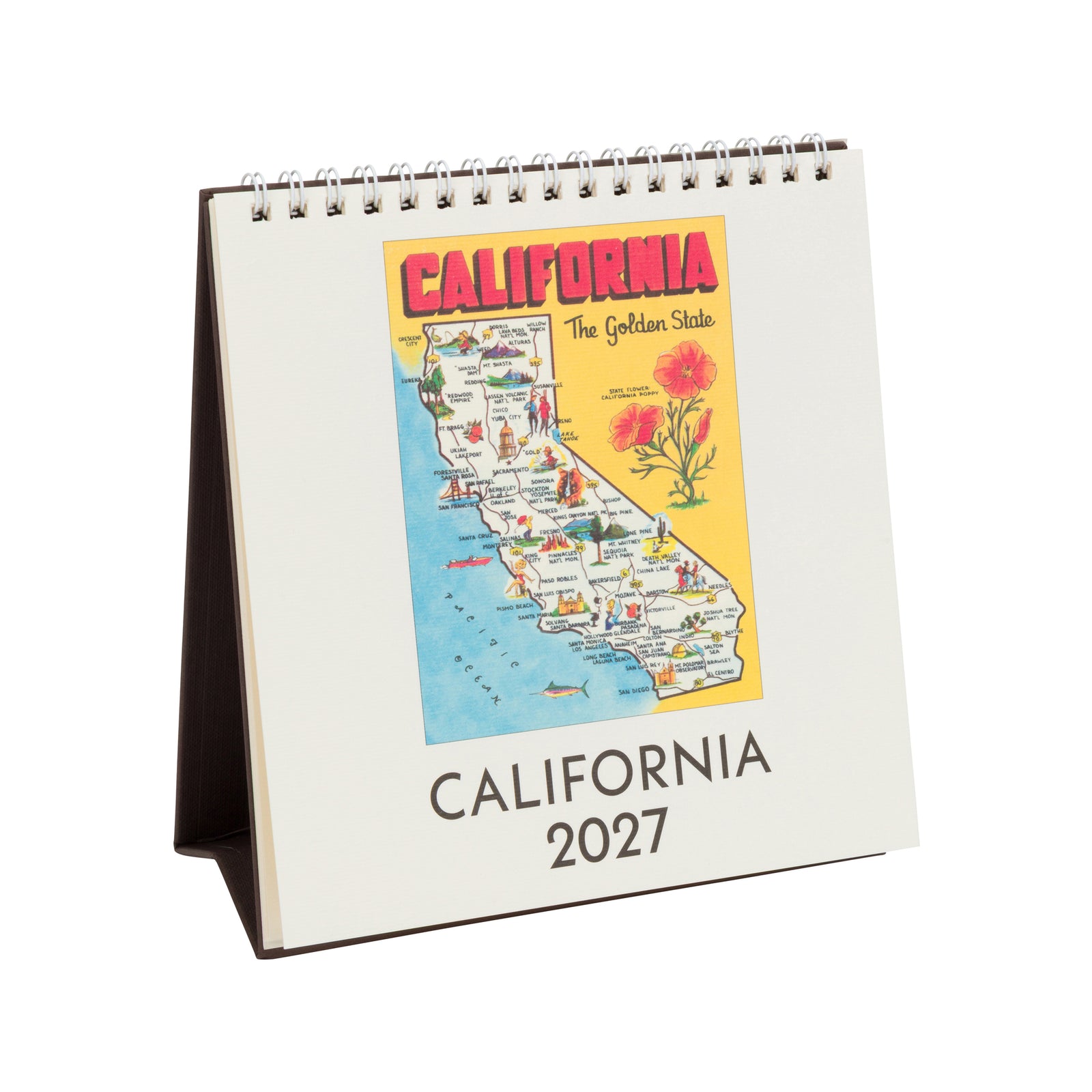 A spiral-bound 2027 desk calendar featuring a vintage-style California map illustration on the front cover, displayed on a white background with its black metal easel stand visible.