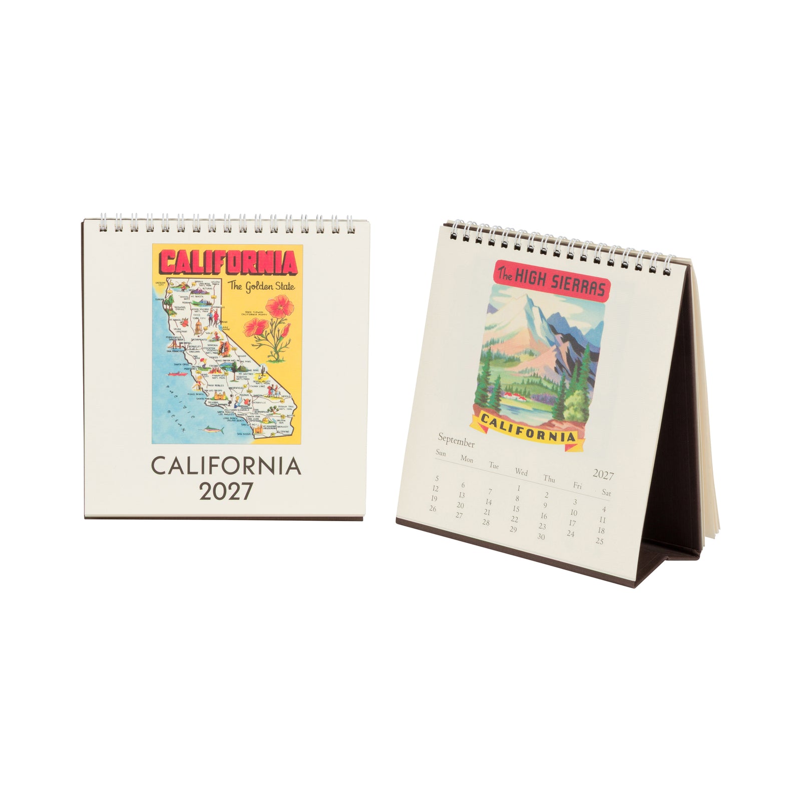 A spiral-bound 2027 desk calendar featuring a vintage-style California map illustration on the front cover, displayed on a white background with its black metal easel stand visible.