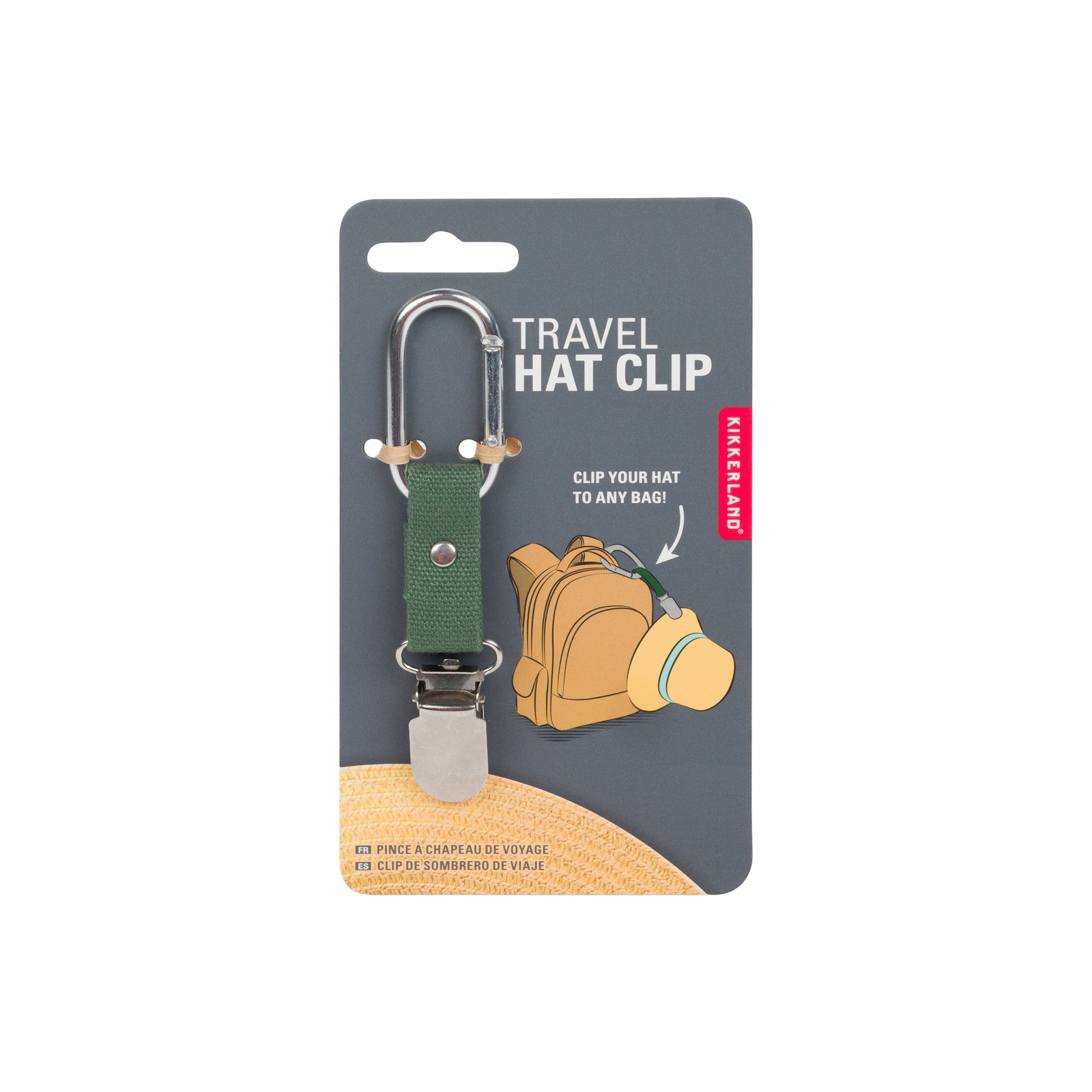 A green canvas travel hat clip with a silver metal carabiner and clip, mounted on a gray retail card with the text 'TRAVEL HAT CLIP' and a small 'MADE IN THE USA' label.