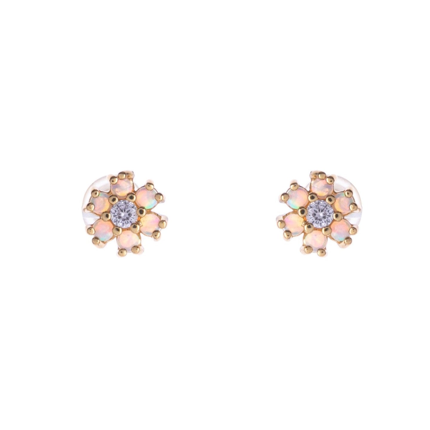 These opal studs are perfect for harnessing the power of the flower. Featuring simulated opal flowers with a CZ center, add some sparkle to your ear stack. 