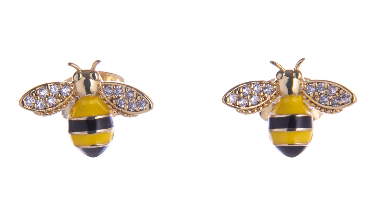 Create a buzz for all the right reasons with these dainty enamel bee stud earrings. These beautiful bees have crystal studded wings —perfect for adding a subtle touch of sparkle to your outfit. Materials: Gold plated brass, enamel, CZ crystals Dimensions: 0.45" x 0.25". Post fastening.