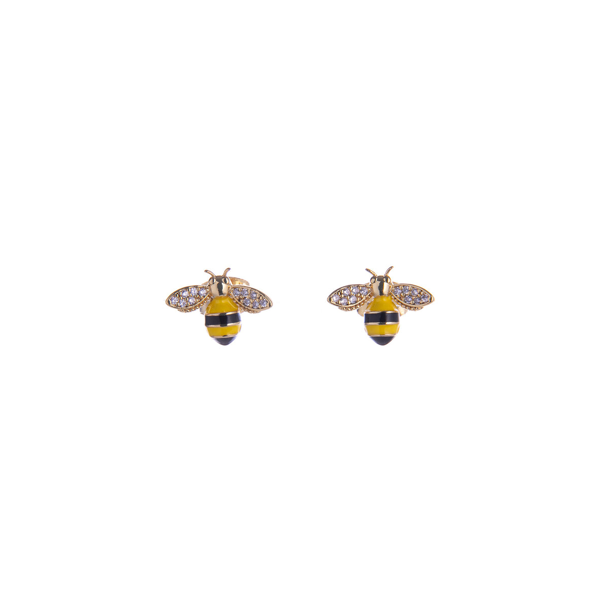 Bee-shaped earrings with gold bodies and black and yellow striped legs on a white background