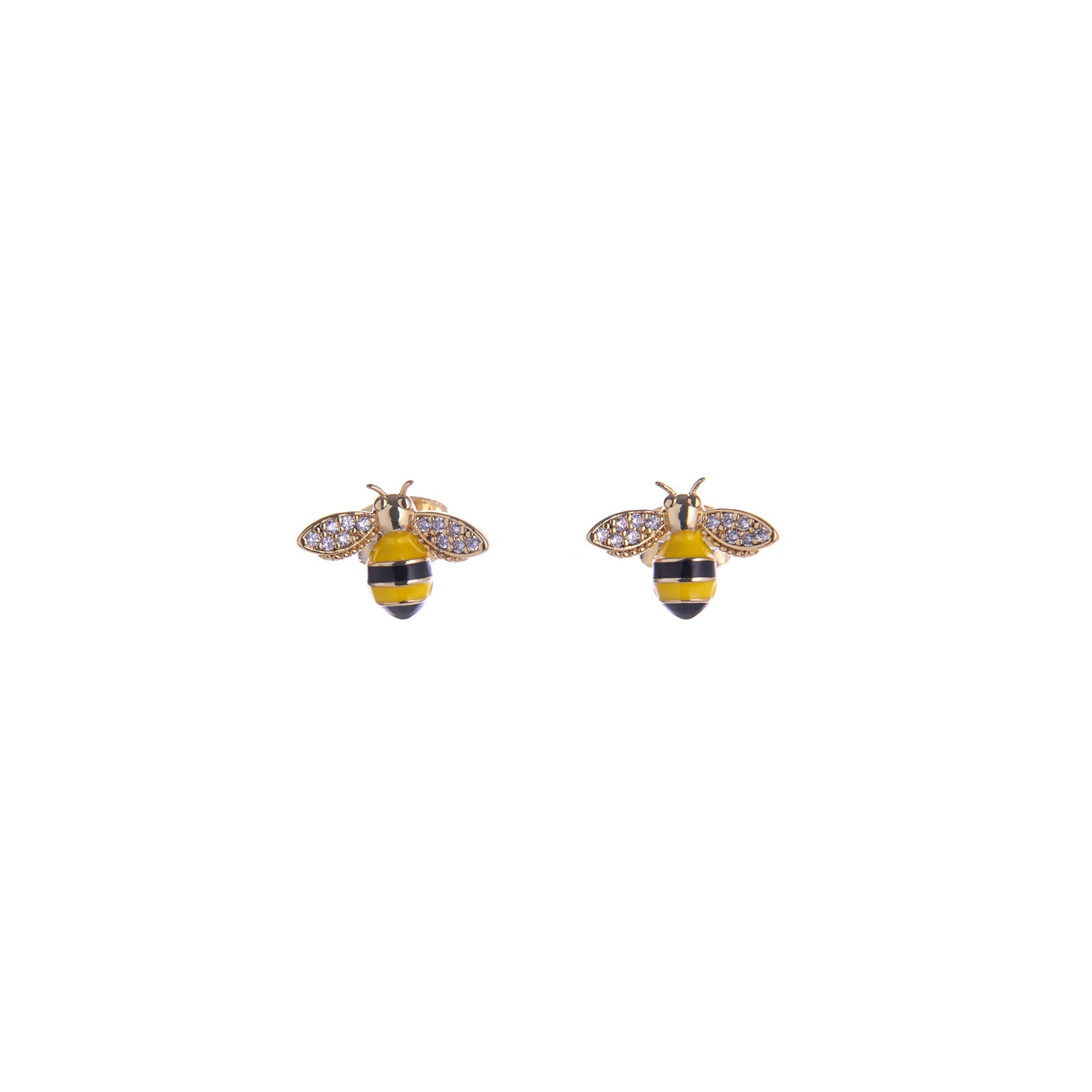 Bee-shaped earrings with gold bodies and black and yellow striped legs on a white background