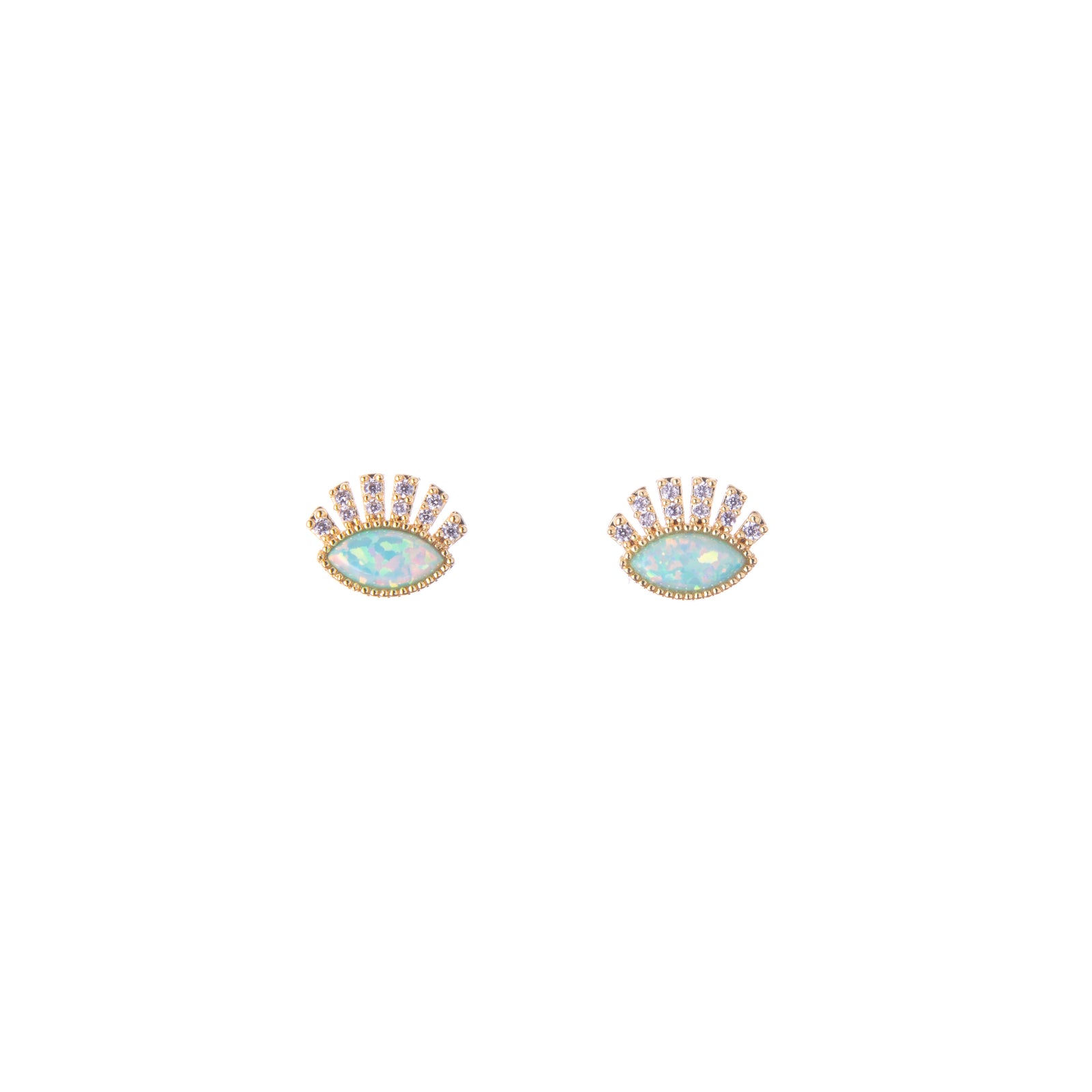 These twinkling eyes with their shiny blue opal and CZ accents for lashes make for a great amount of sparkle even with their smaller size. Perfect post earrings for daily wear, as these glistening eyes will shine with anything.  Material: Gold-plated Brass, CZ Accent Dimensions: 0.2" x 0.4" Lead and Nickle-free