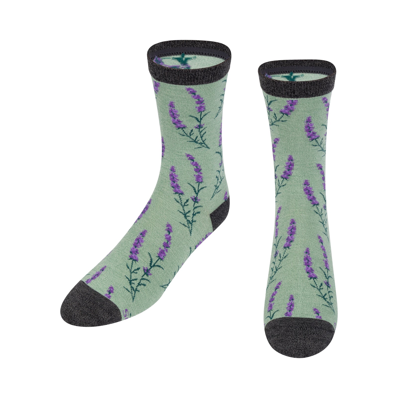 Green socks with purple floral lavender pattern on a white background